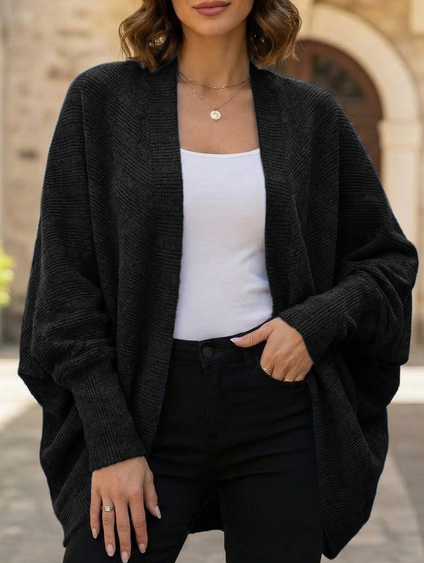 Solid color mid-length knitted cardigan