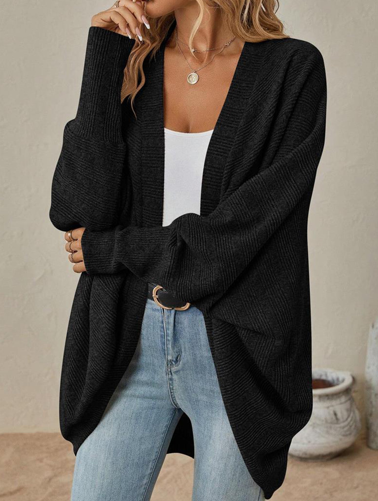 Solid color mid-length knitted cardigan