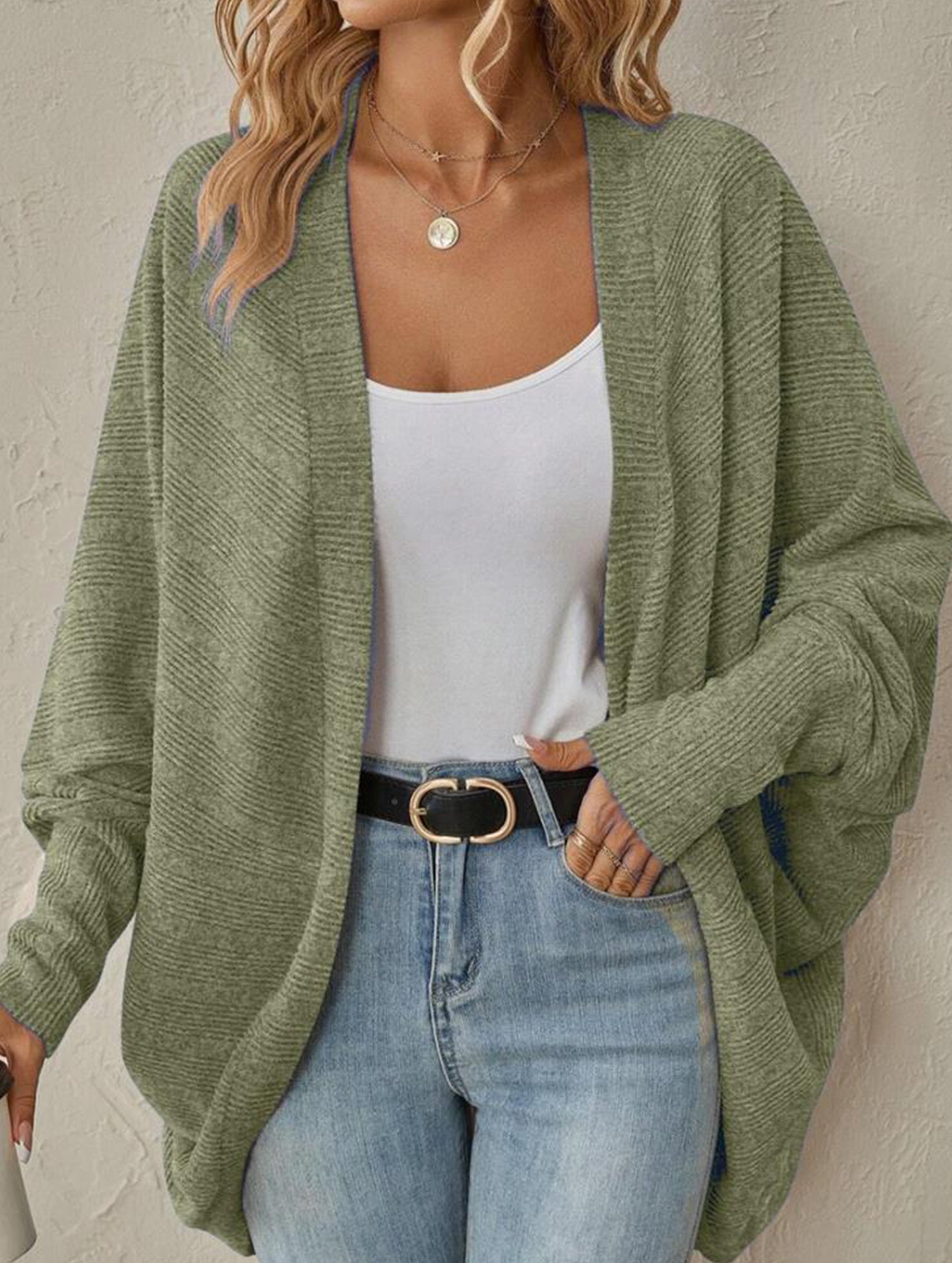 Solid color mid-length knitted cardigan