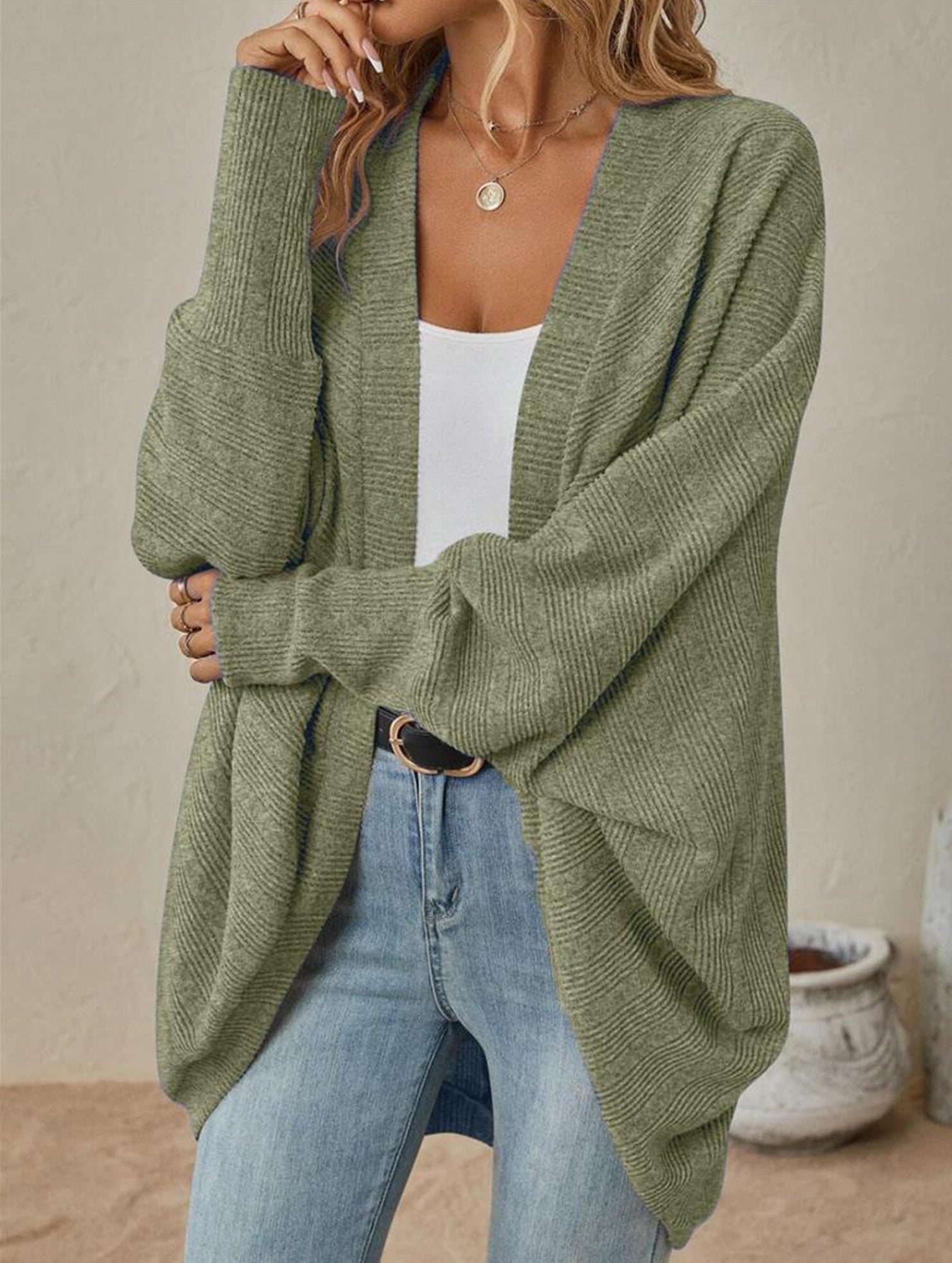 Solid color mid-length knitted cardigan