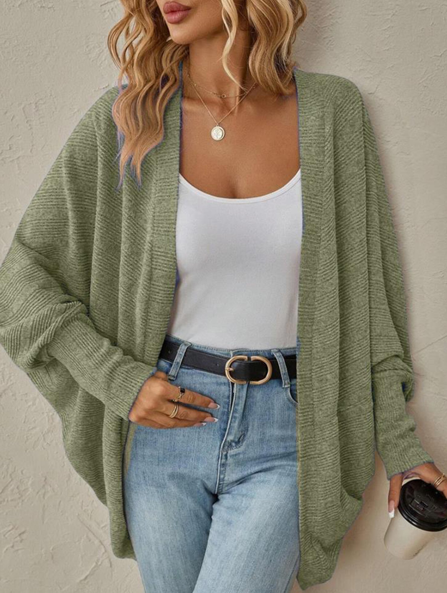 Solid color mid-length knitted cardigan