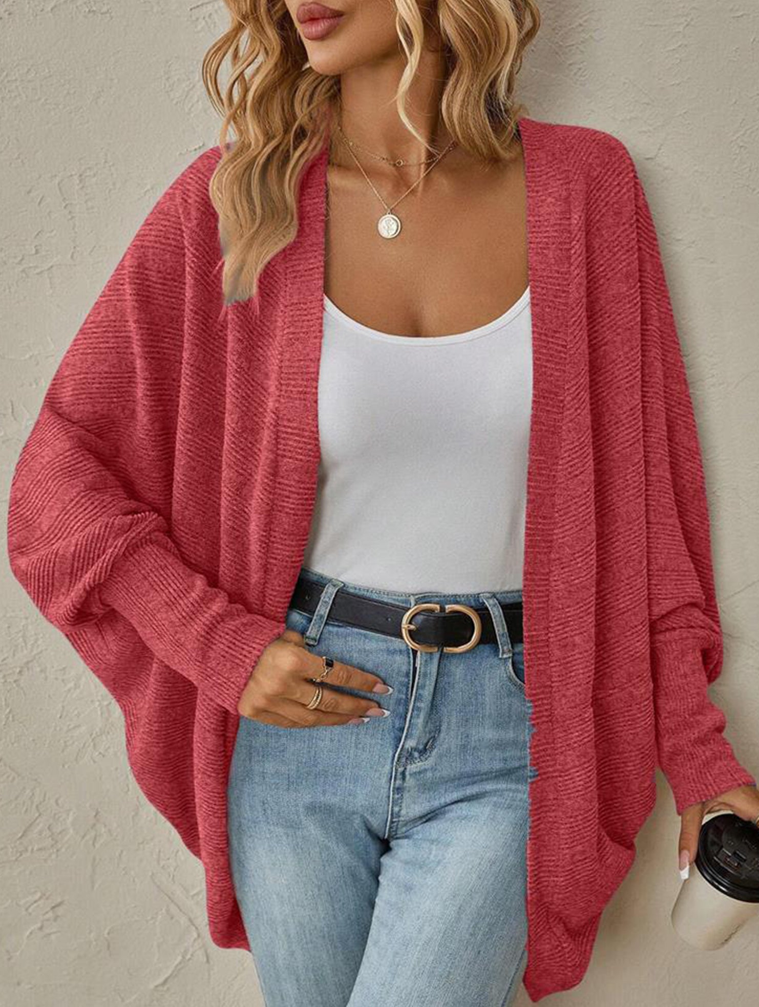 Solid color mid-length knitted cardigan