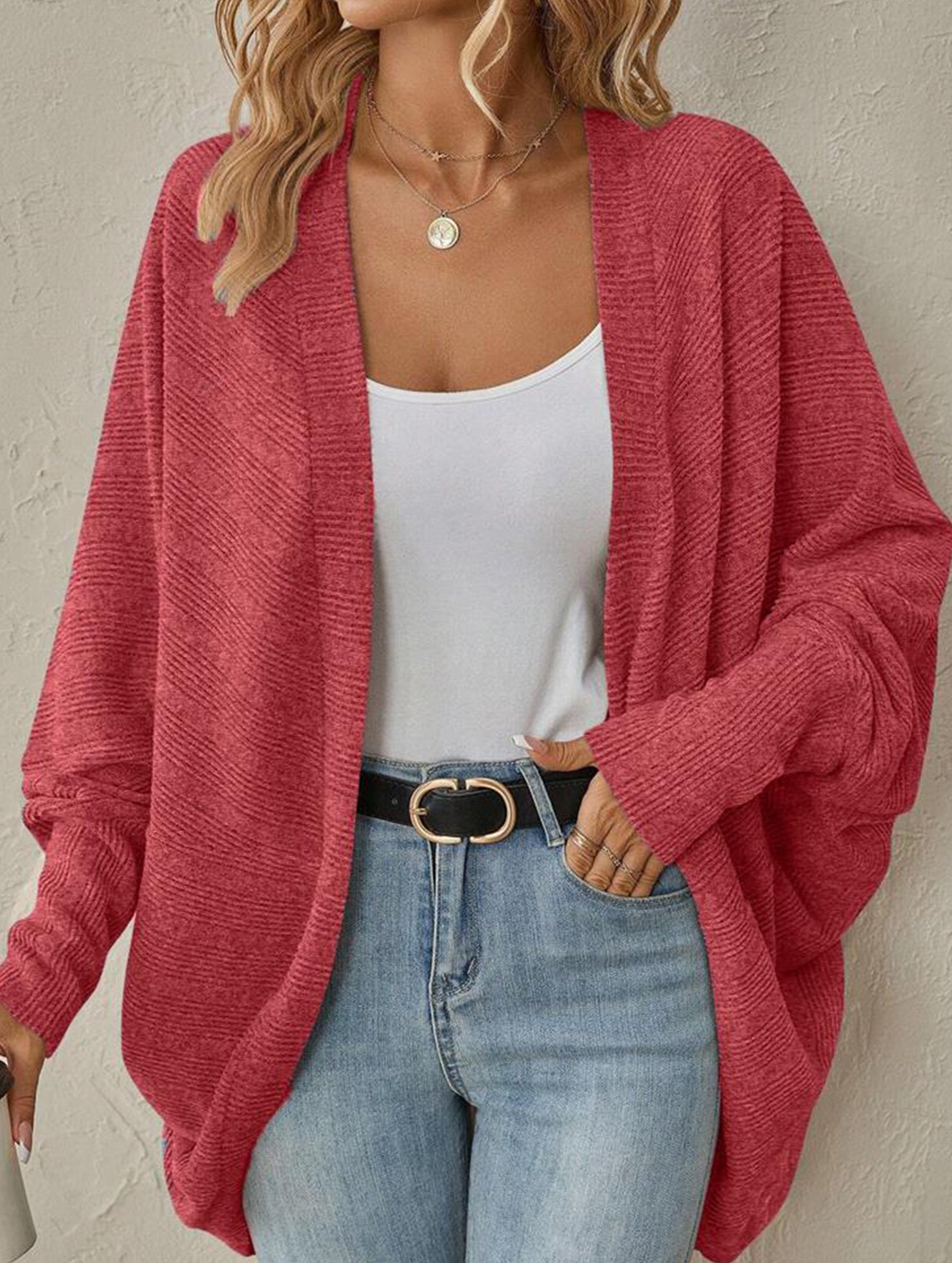 Solid color mid-length knitted cardigan