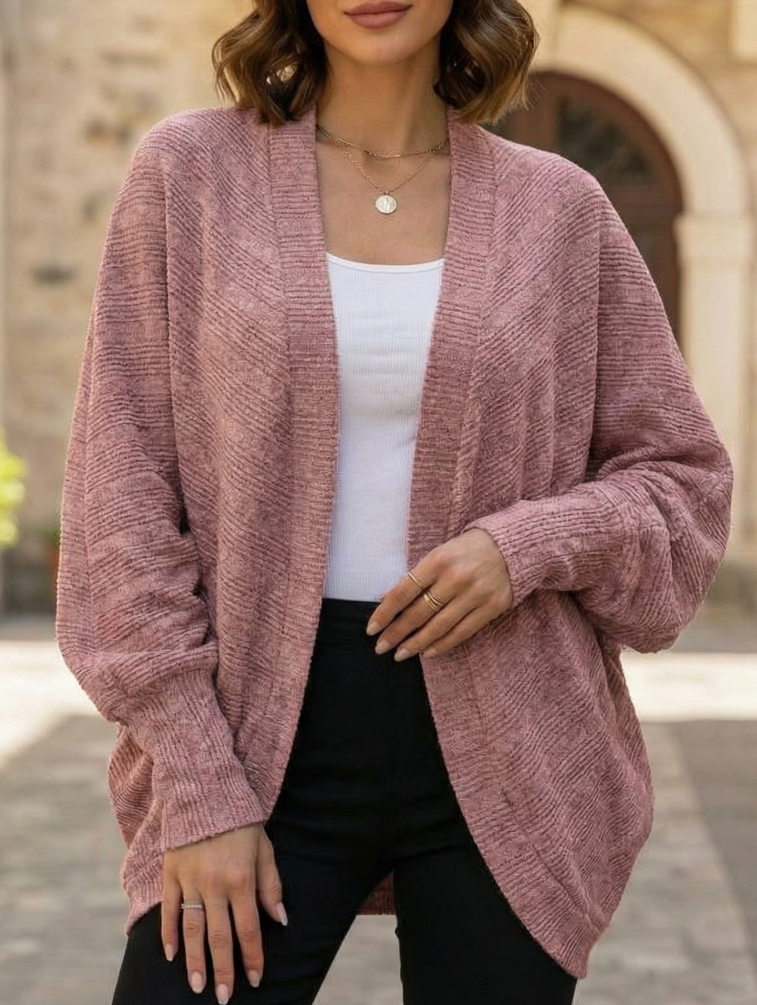 Solid color mid-length knitted cardigan
