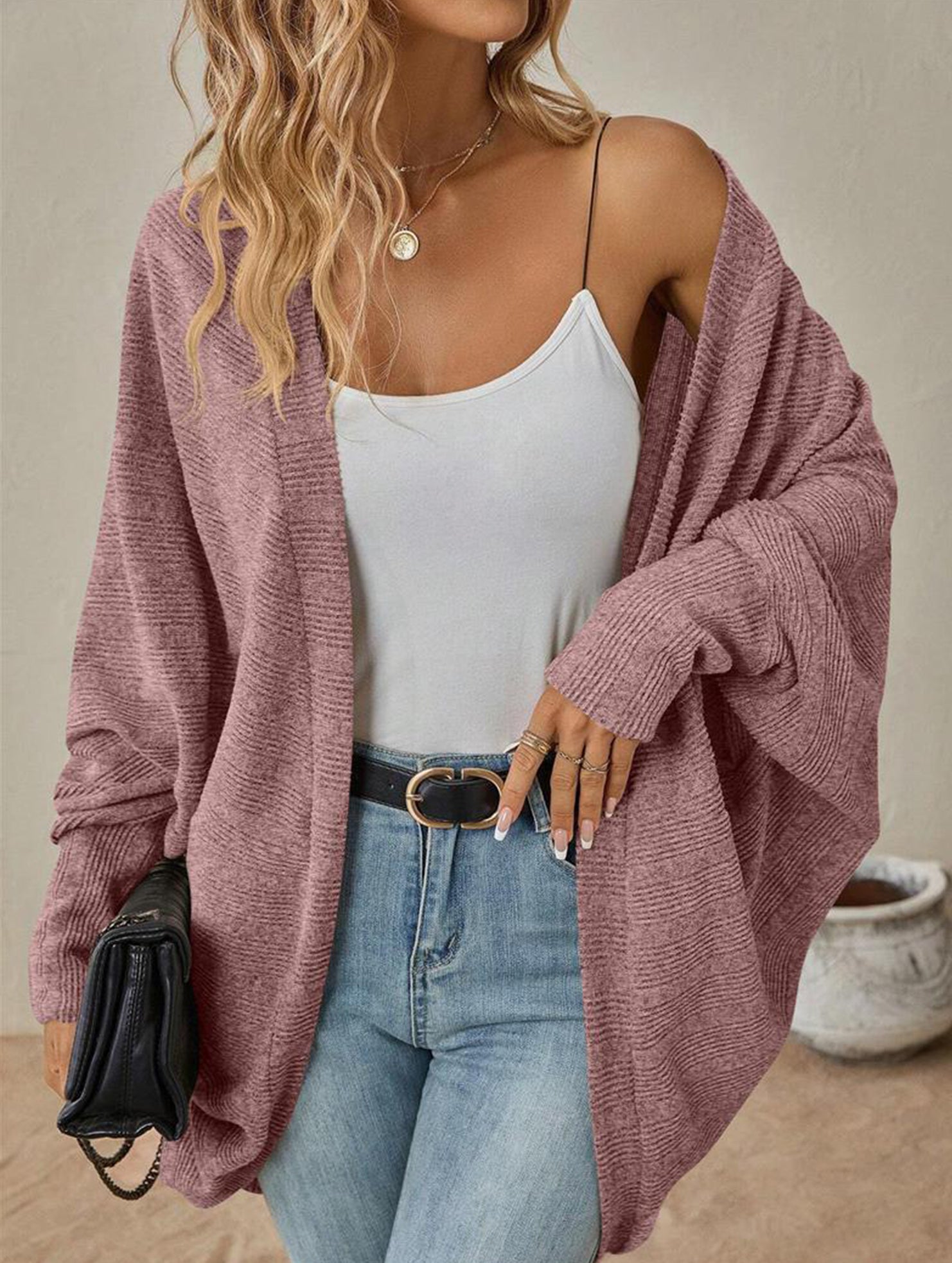 Solid color mid-length knitted cardigan