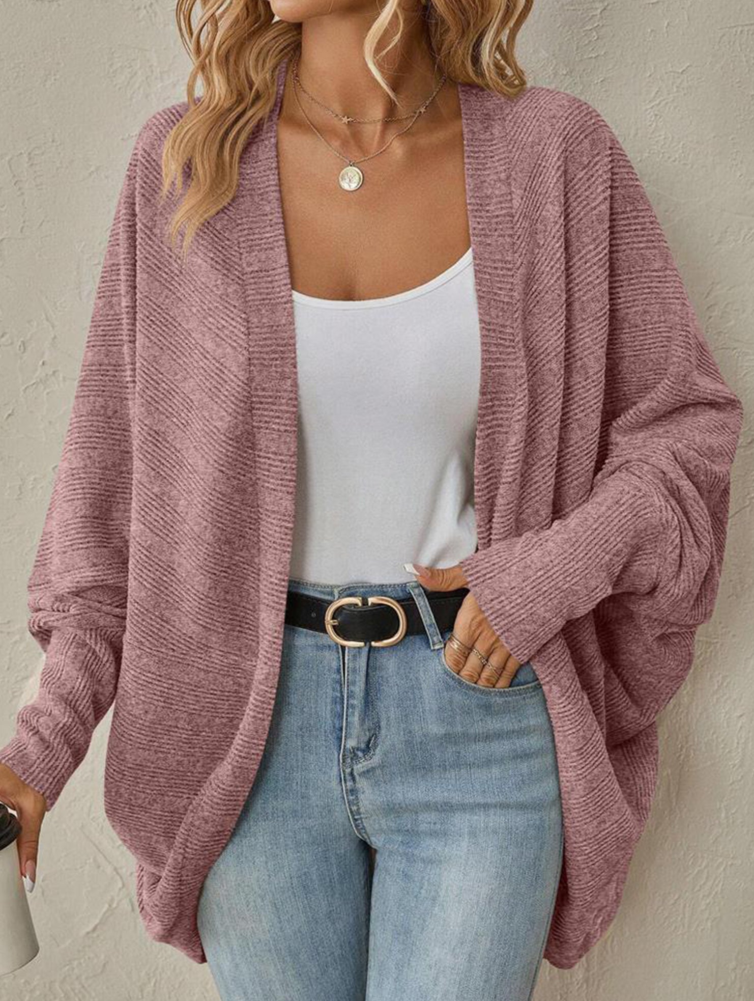 Solid color mid-length knitted cardigan