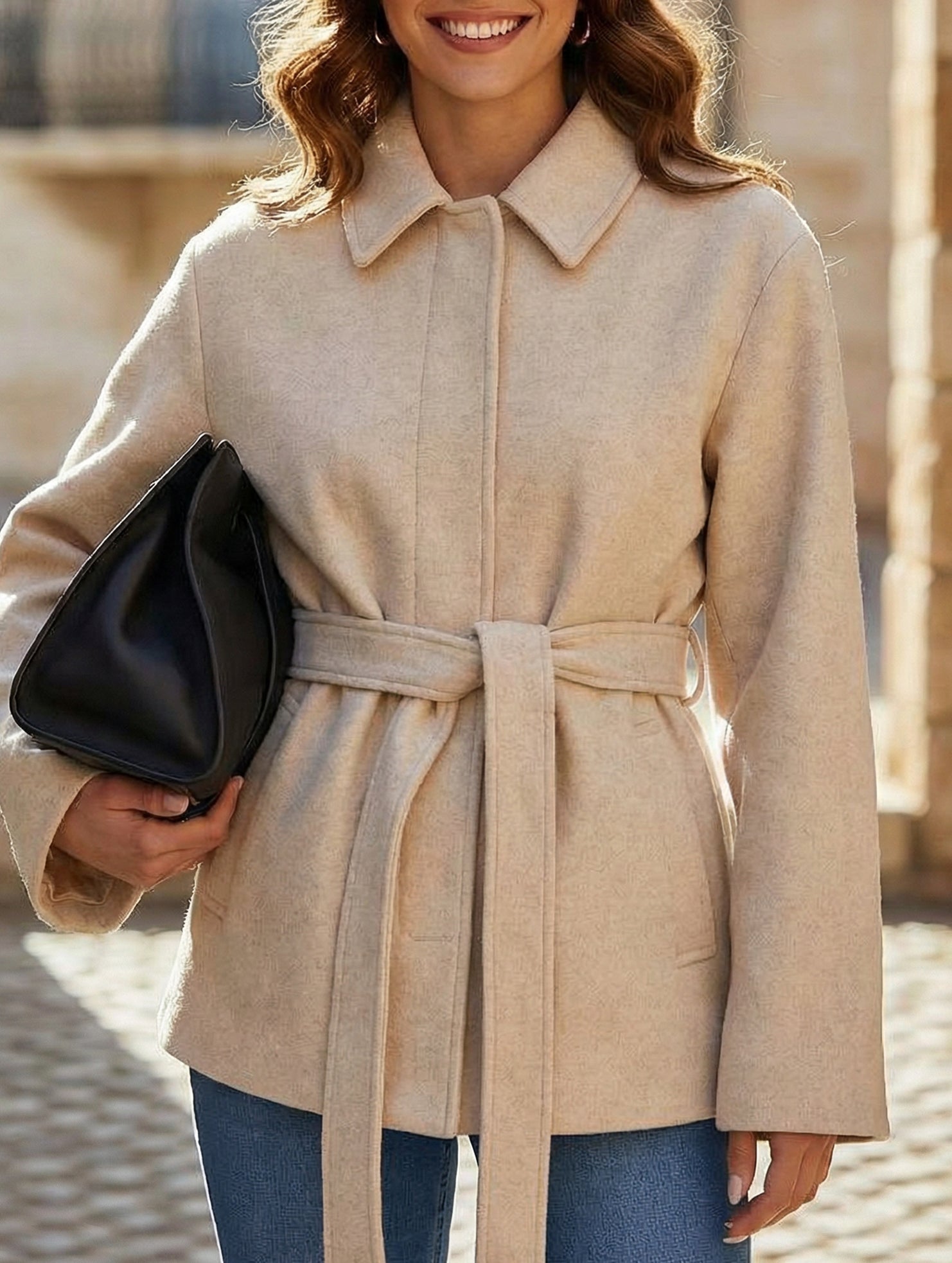 Solid Lapel Button Wool Blend Belt Coat_CWOCAL01727