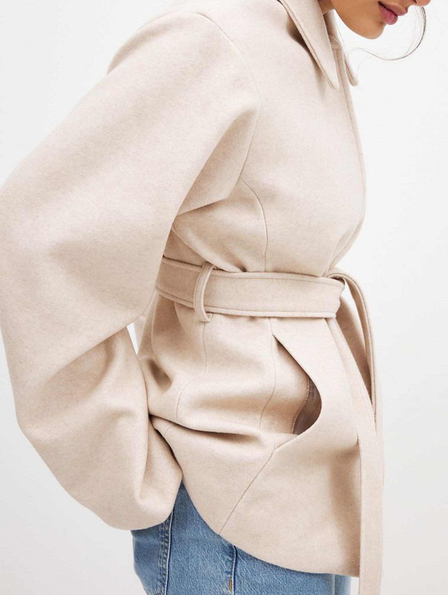 Solid Lapel Button Wool Blend Belt Coat_CWOCAL01727
