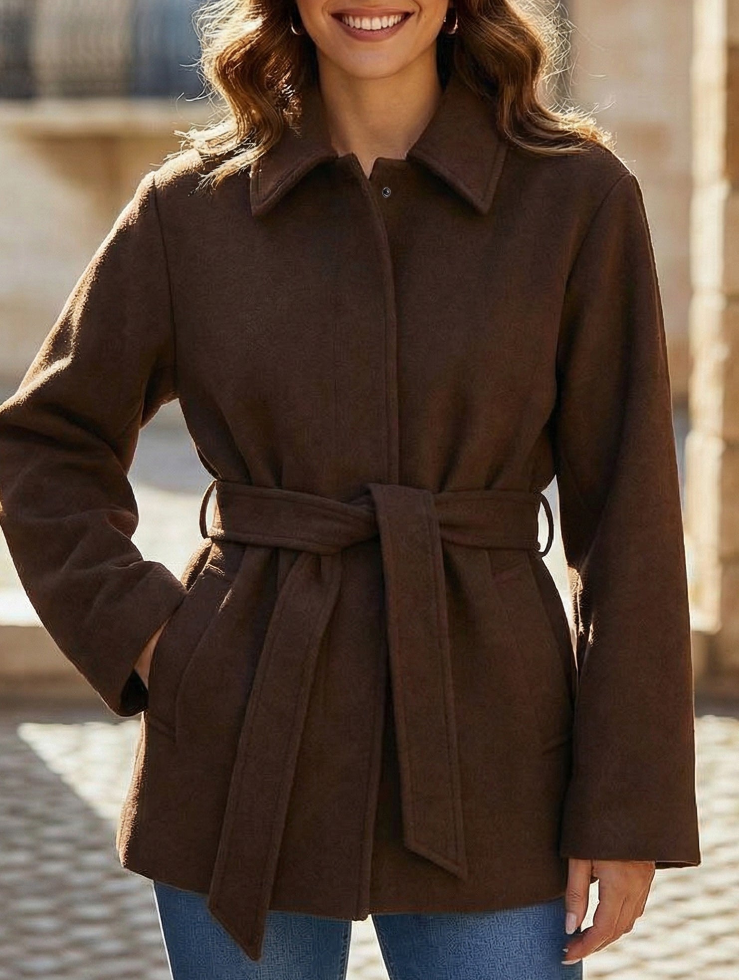Solid Lapel Button Wool Blend Belt Coat_CWOCAL01727