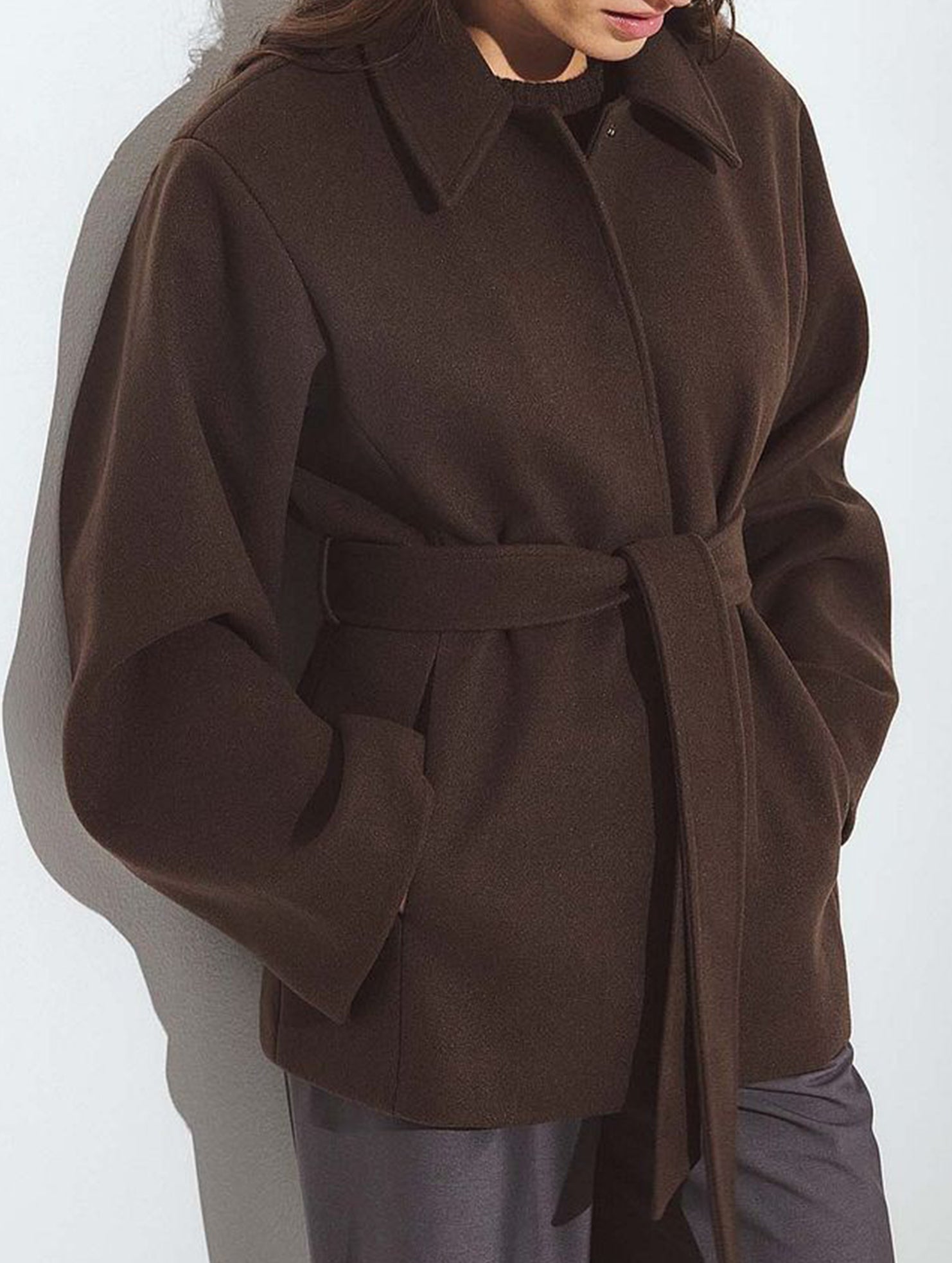Solid Lapel Button Wool Blend Belt Coat_CWOCAL01727