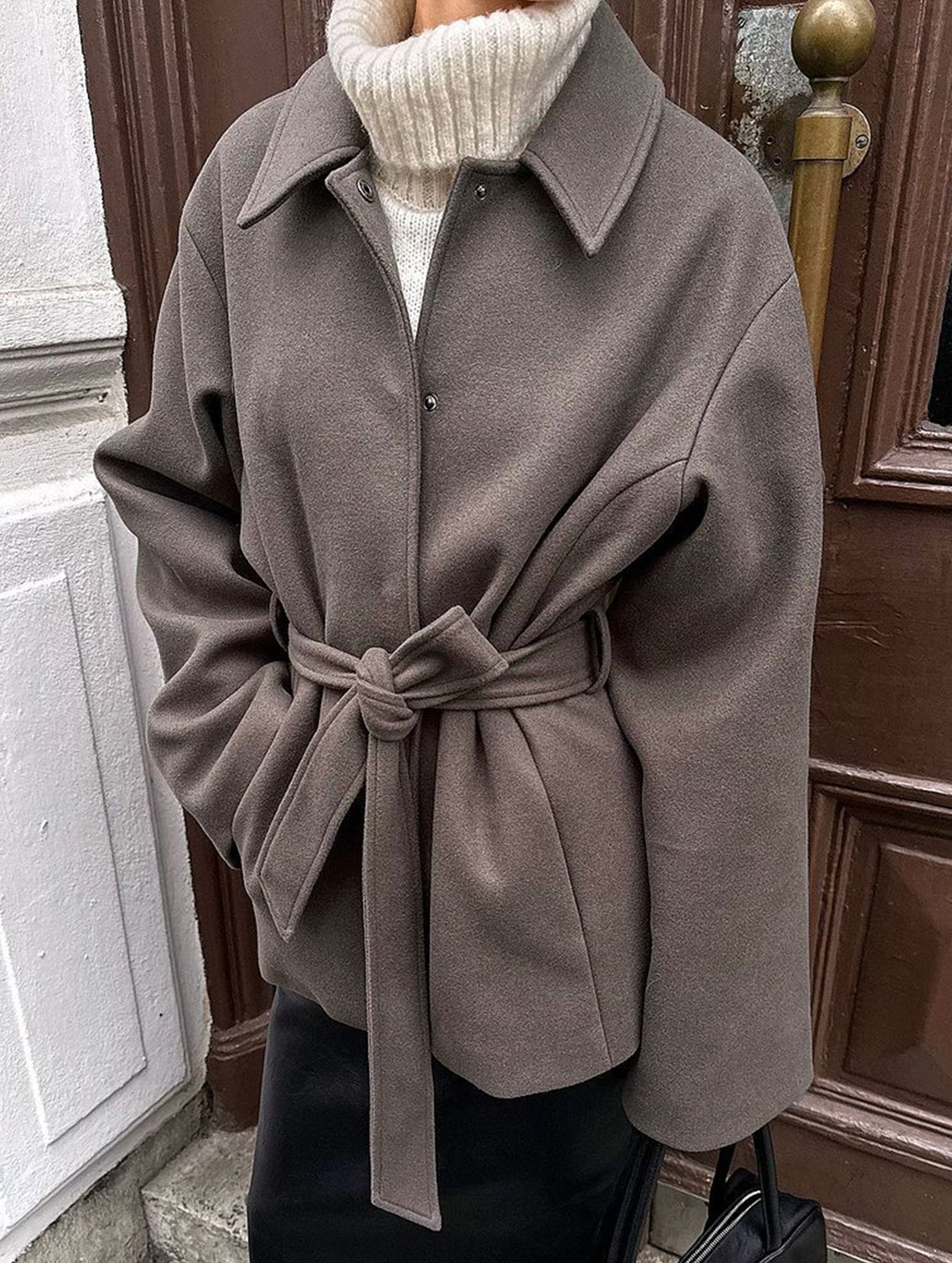 Solid Lapel Button Wool Blend Belt Coat_CWOCAL01727