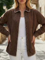 Retro Brown Collared Casual Jacket for Women_CWOCAL01738
