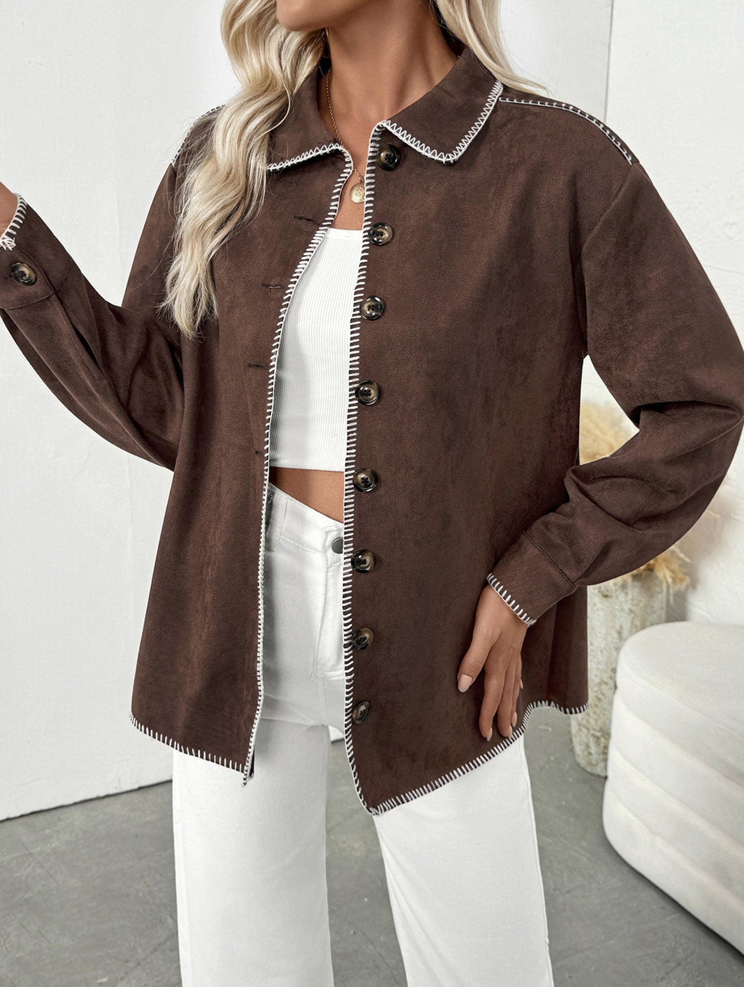 Retro Brown Collared Casual Jacket for Women_CWOCAL01738