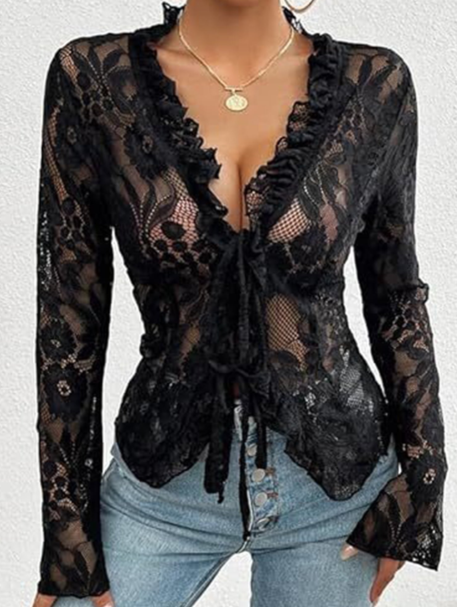Lace Up Ruffle Trim Fitted Blouse