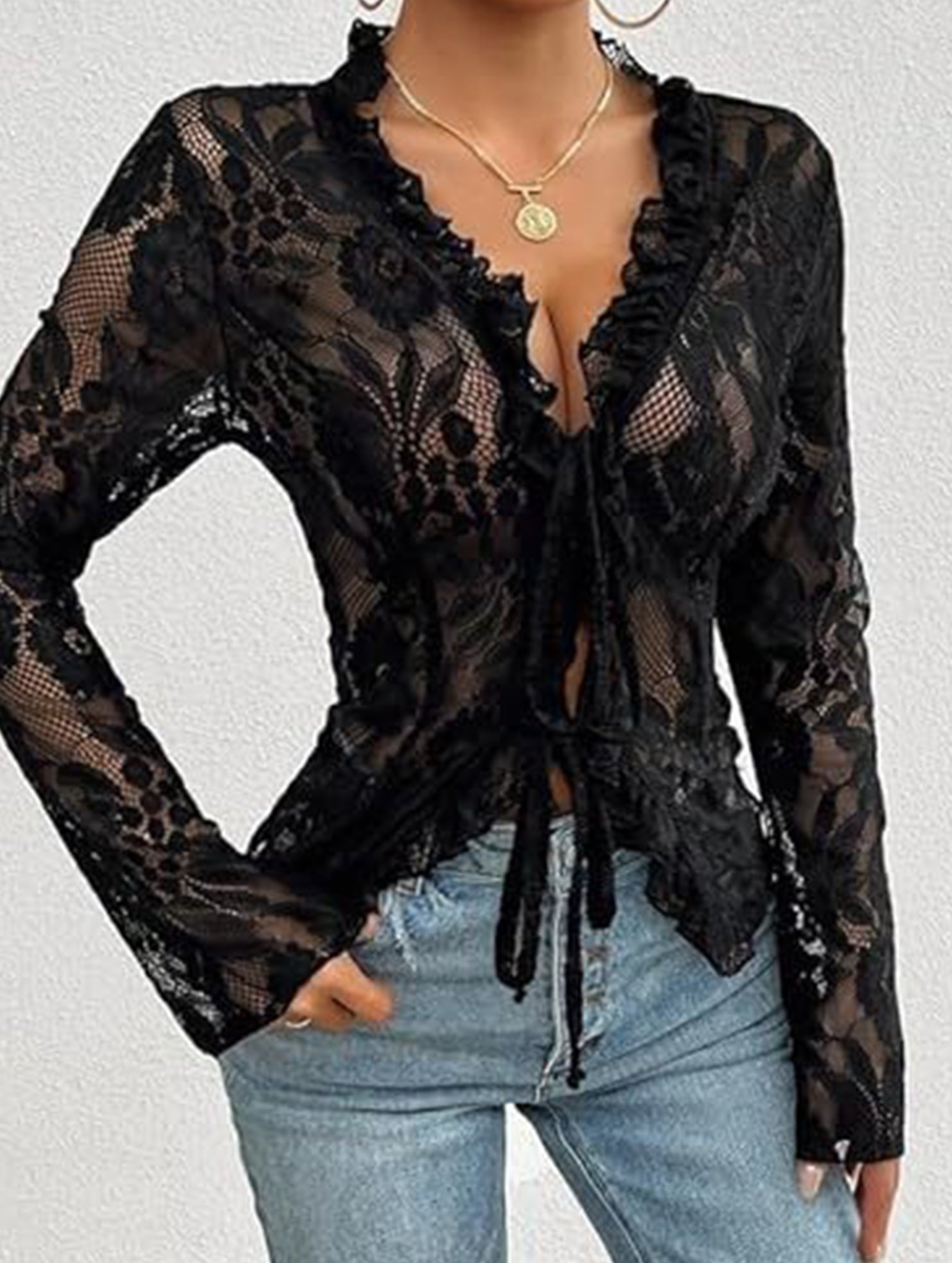 Lace Up Ruffle Trim Fitted Blouse