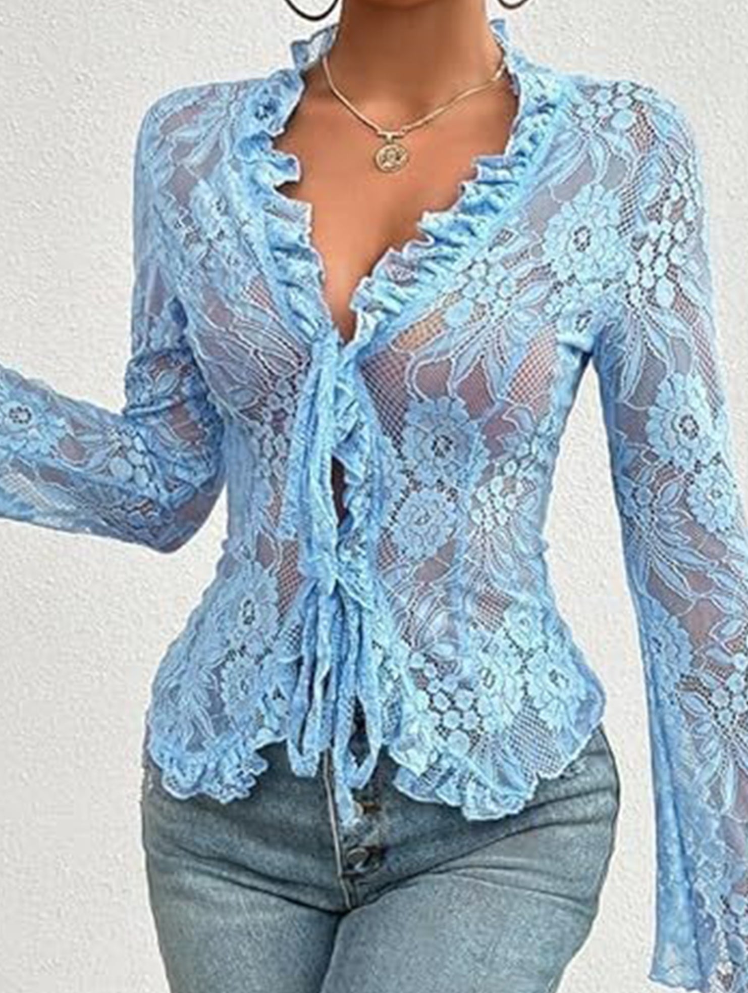 Lace Up Ruffle Trim Fitted Blouse