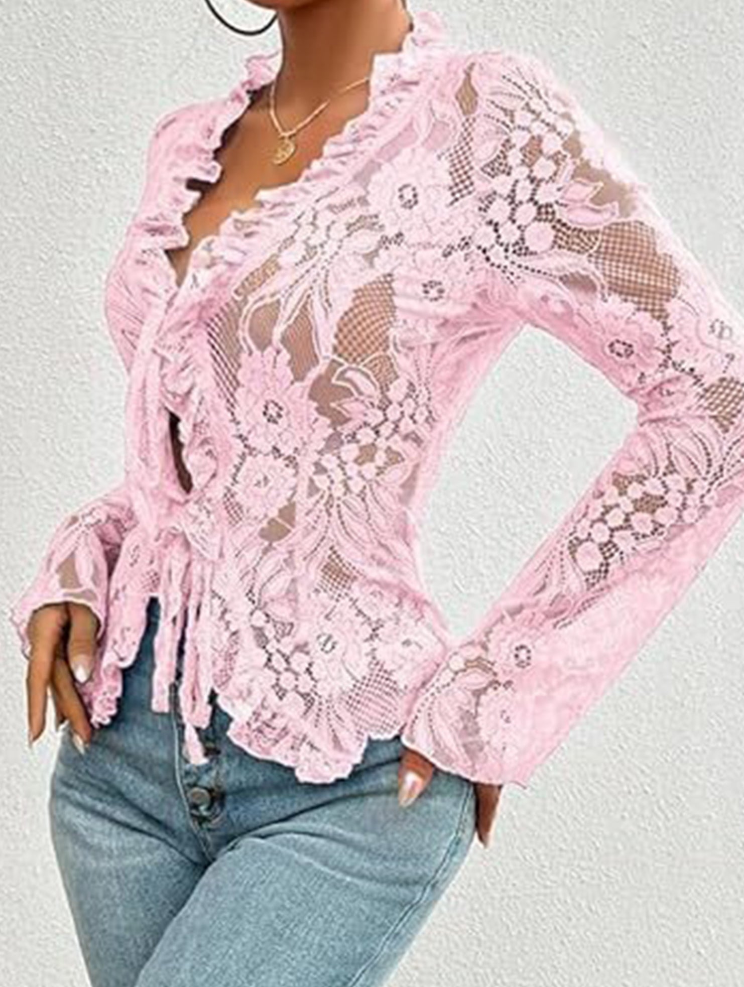Lace Up Ruffle Trim Fitted Blouse