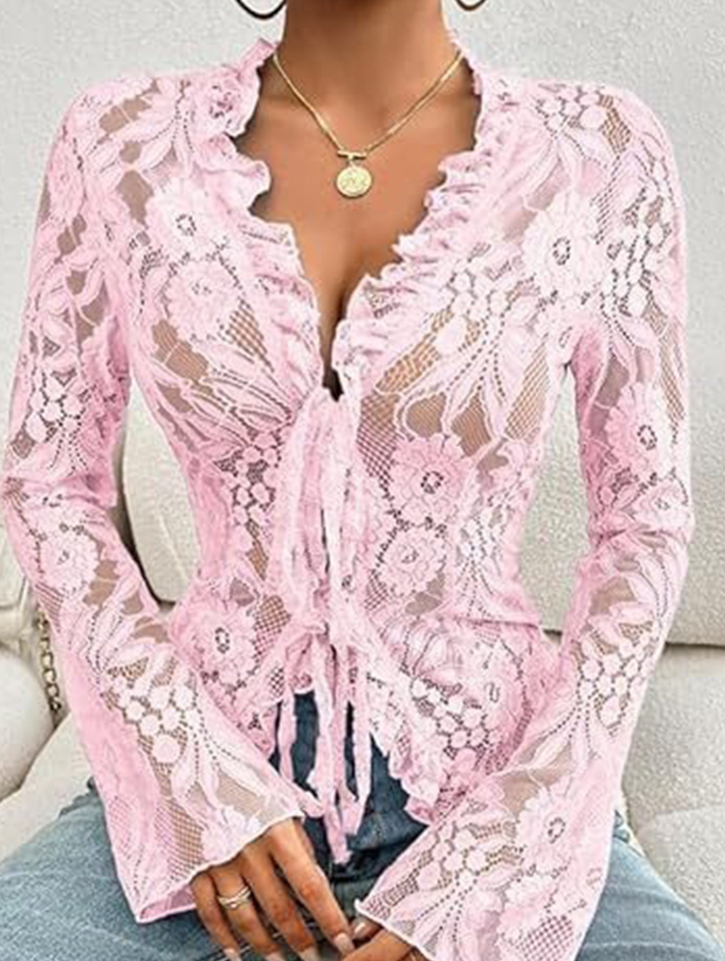 Lace Up Ruffle Trim Fitted Blouse