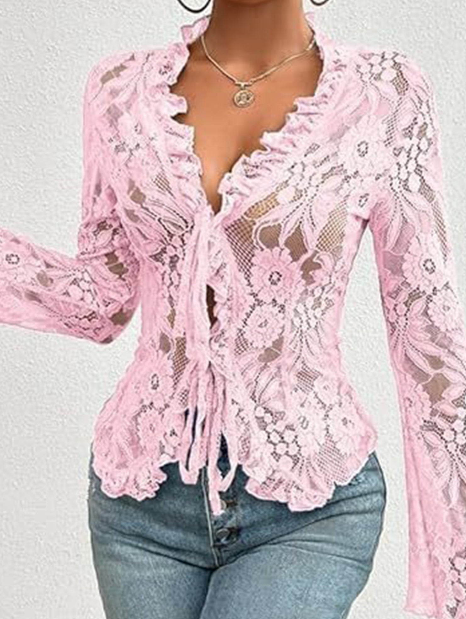 Lace Up Ruffle Trim Fitted Blouse