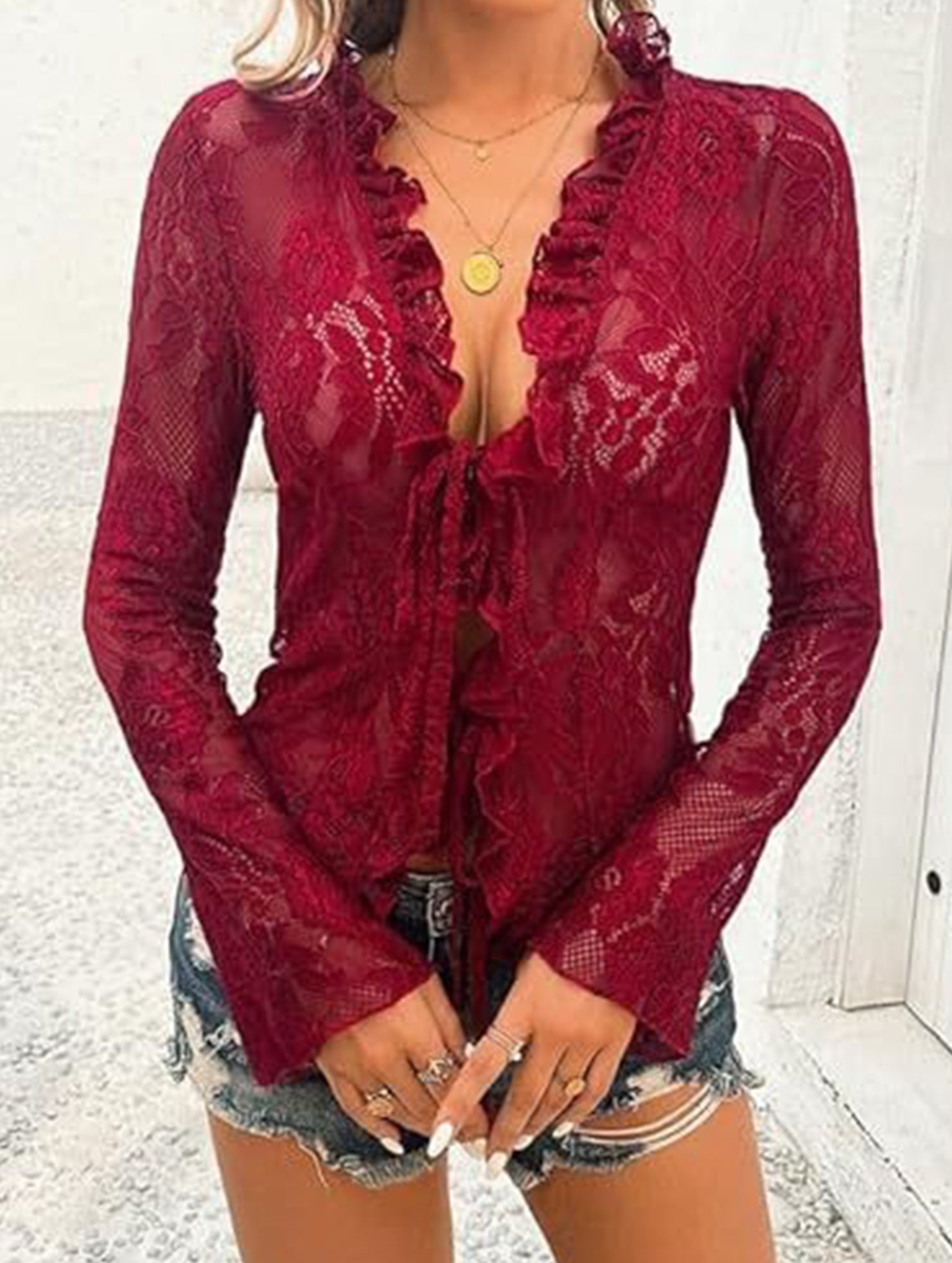 Lace Up Ruffle Trim Fitted Blouse