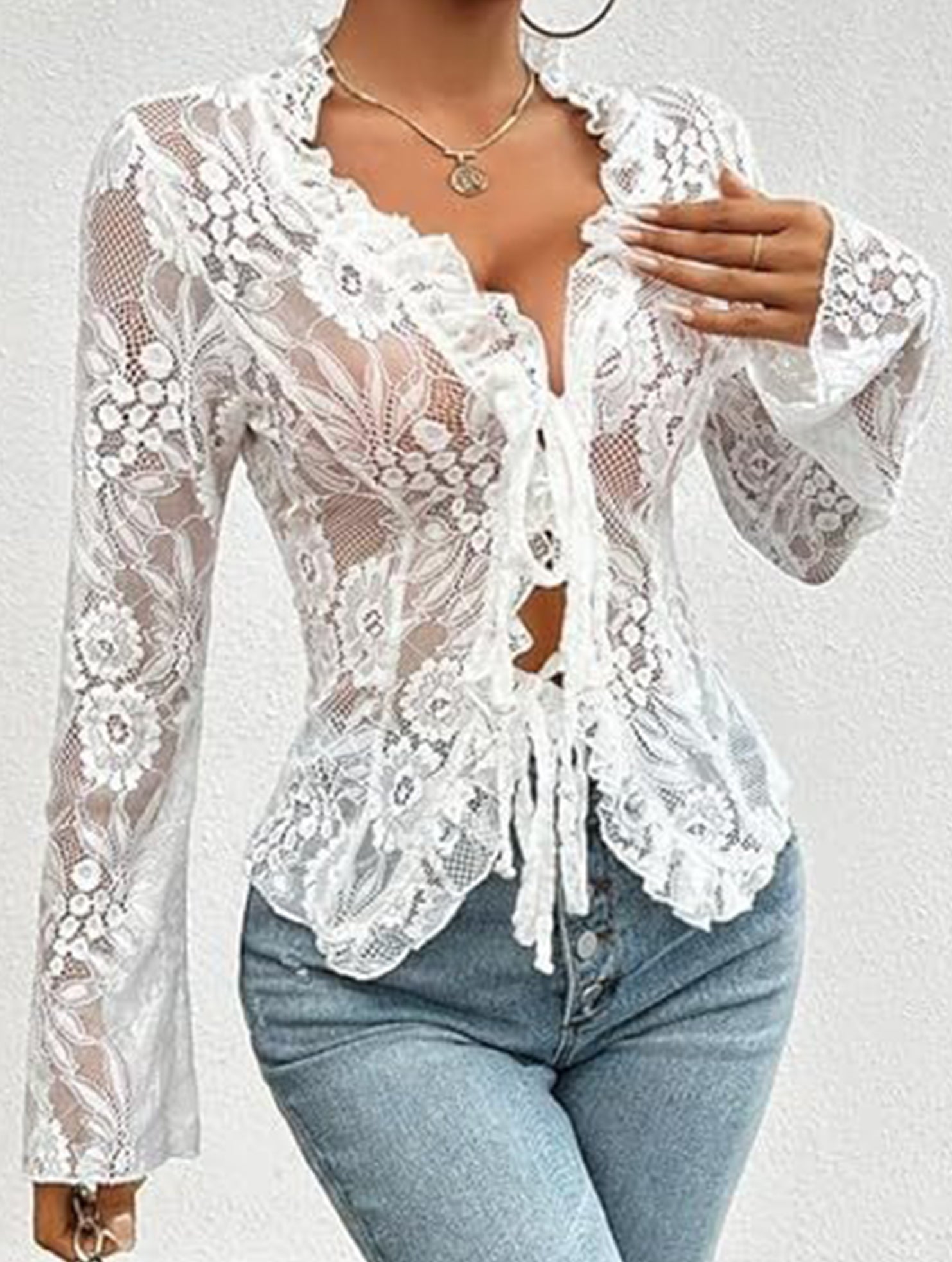 Lace Up Ruffle Trim Fitted Blouse