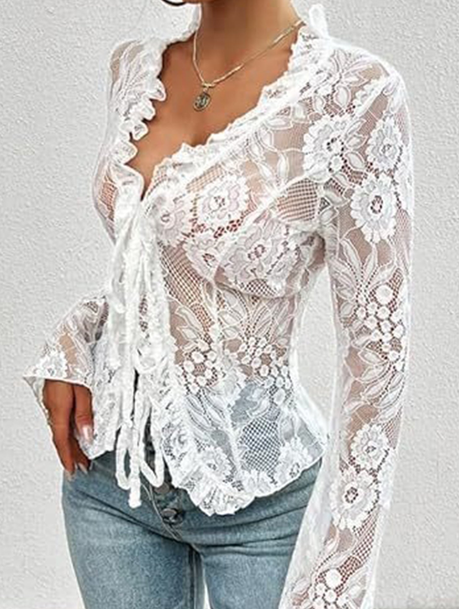 Lace Up Ruffle Trim Fitted Blouse