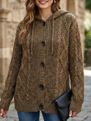Hooded Drawstring Cable Knit Long Cardigan