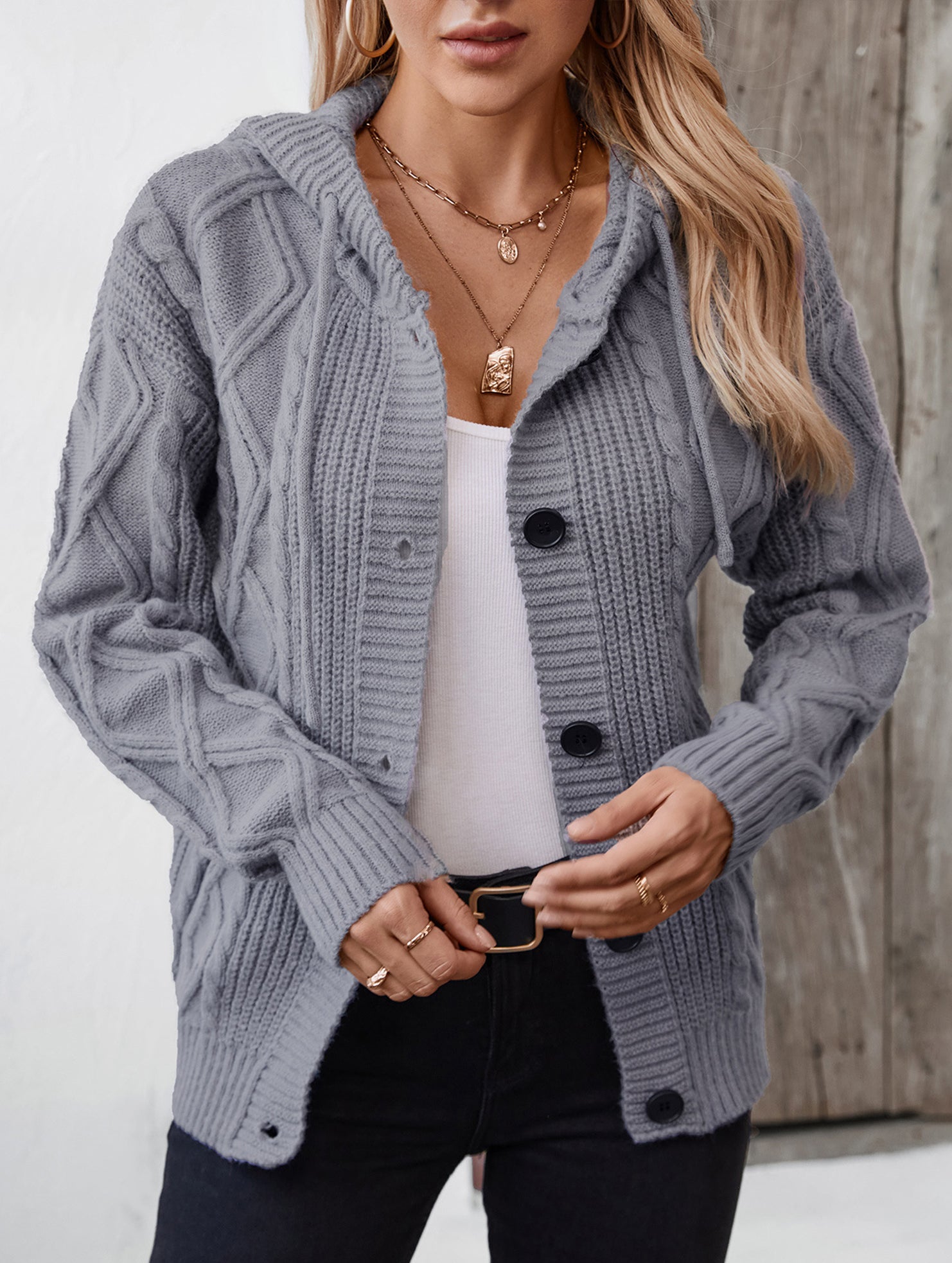 Hooded Drawstring Cable Knit Long Cardigan