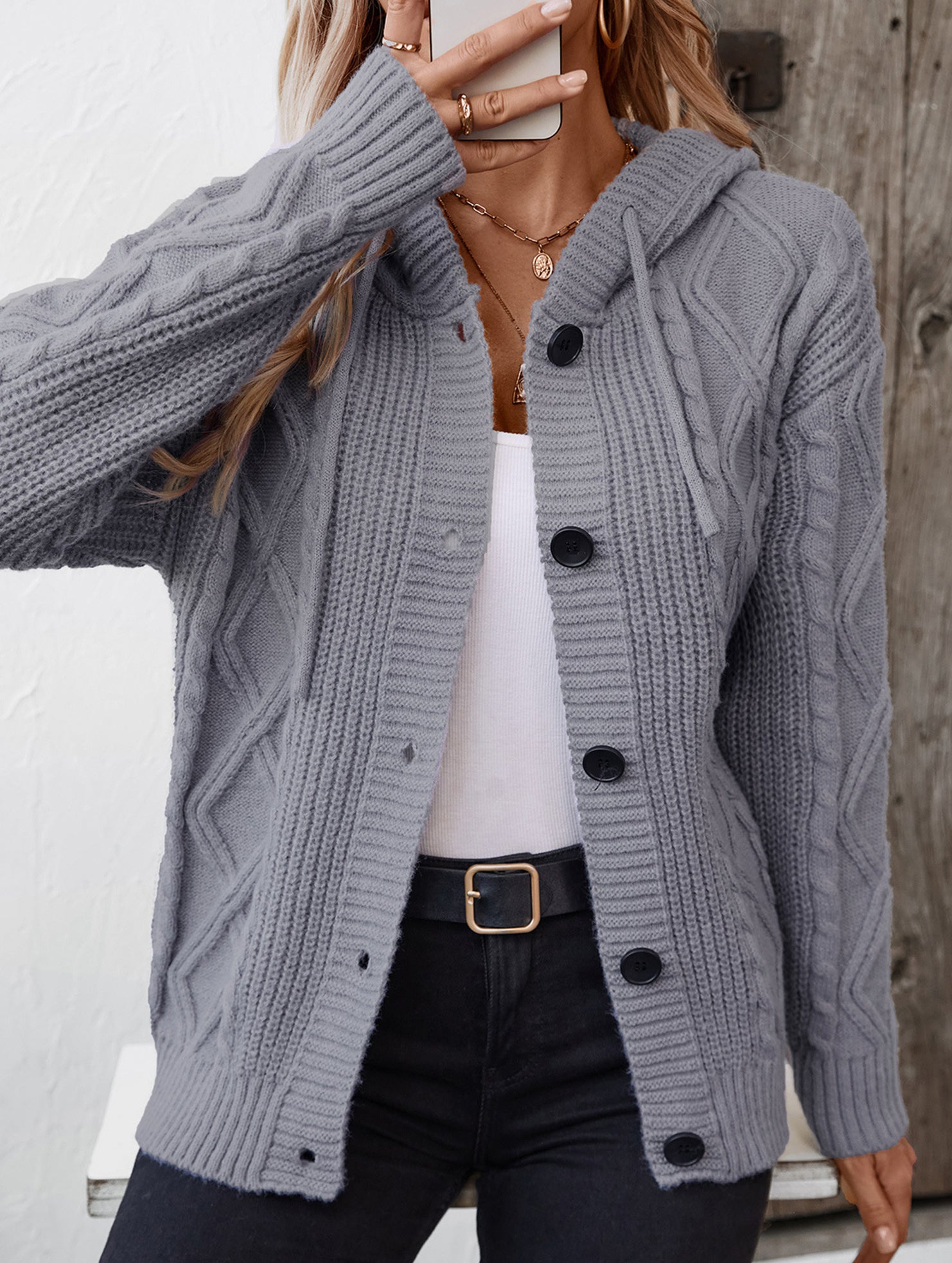 Hooded Drawstring Cable Knit Long Cardigan