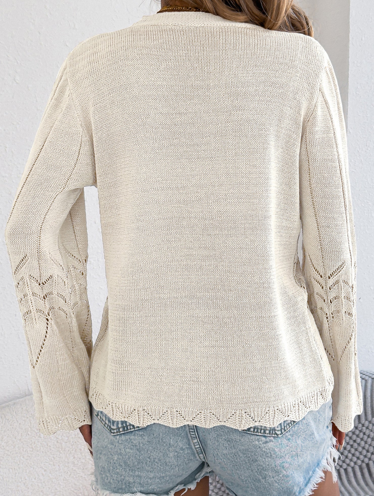 Solid Hollow Tie Flare Sleeve Knit Cardigan_CWOCAL01795