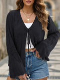 Solid Hollow Tie Flare Sleeve Knit Cardigan_CWOCAL01795