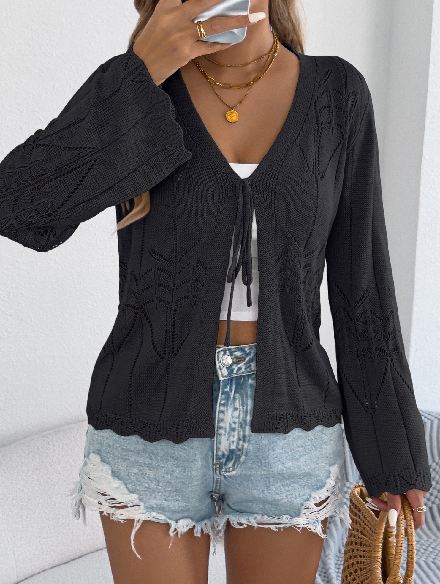 Solid Hollow Tie Flare Sleeve Knit Cardigan_CWOCAL01795