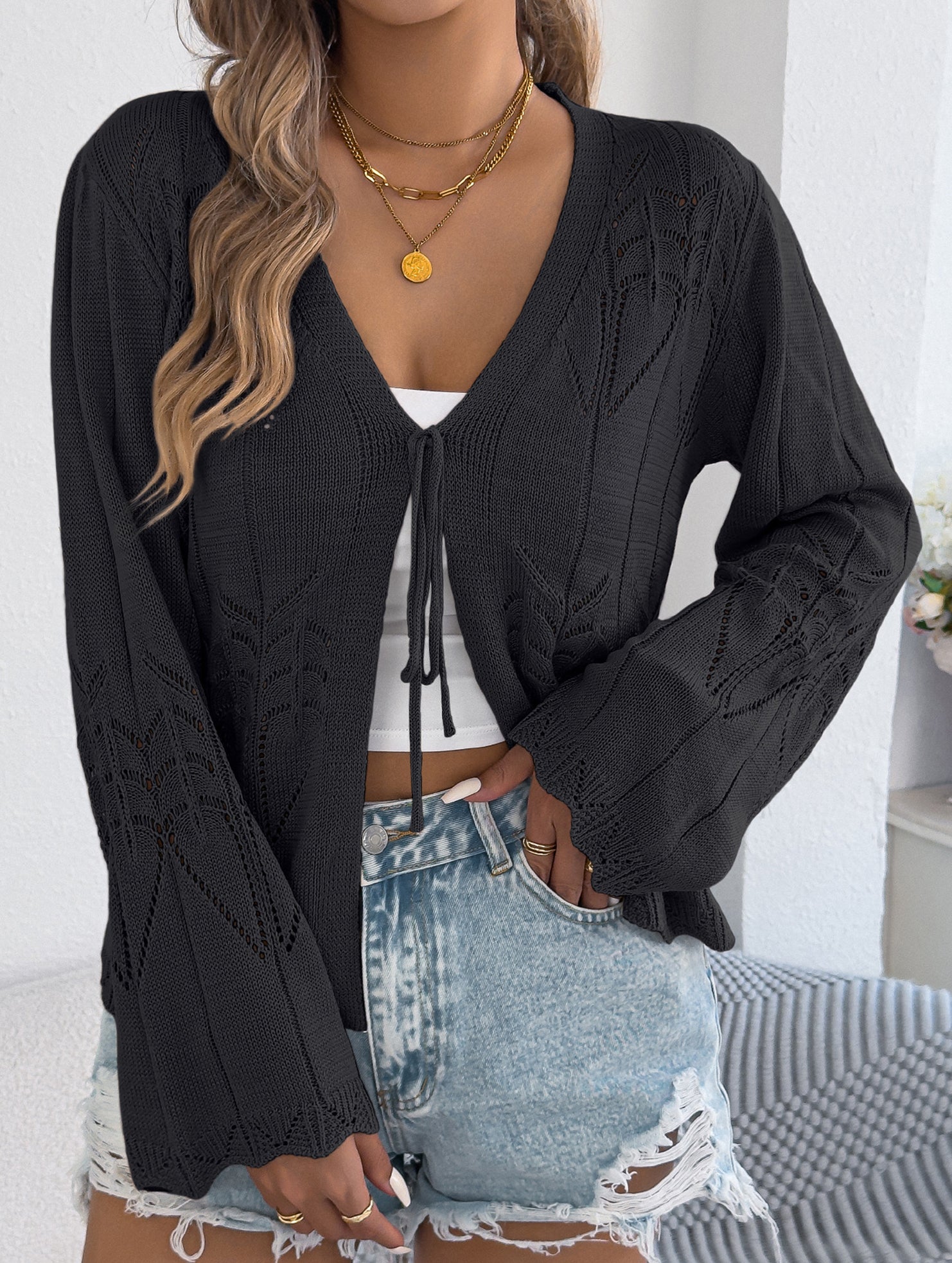 Solid Hollow Tie Flare Sleeve Knit Cardigan_CWOCAL01795