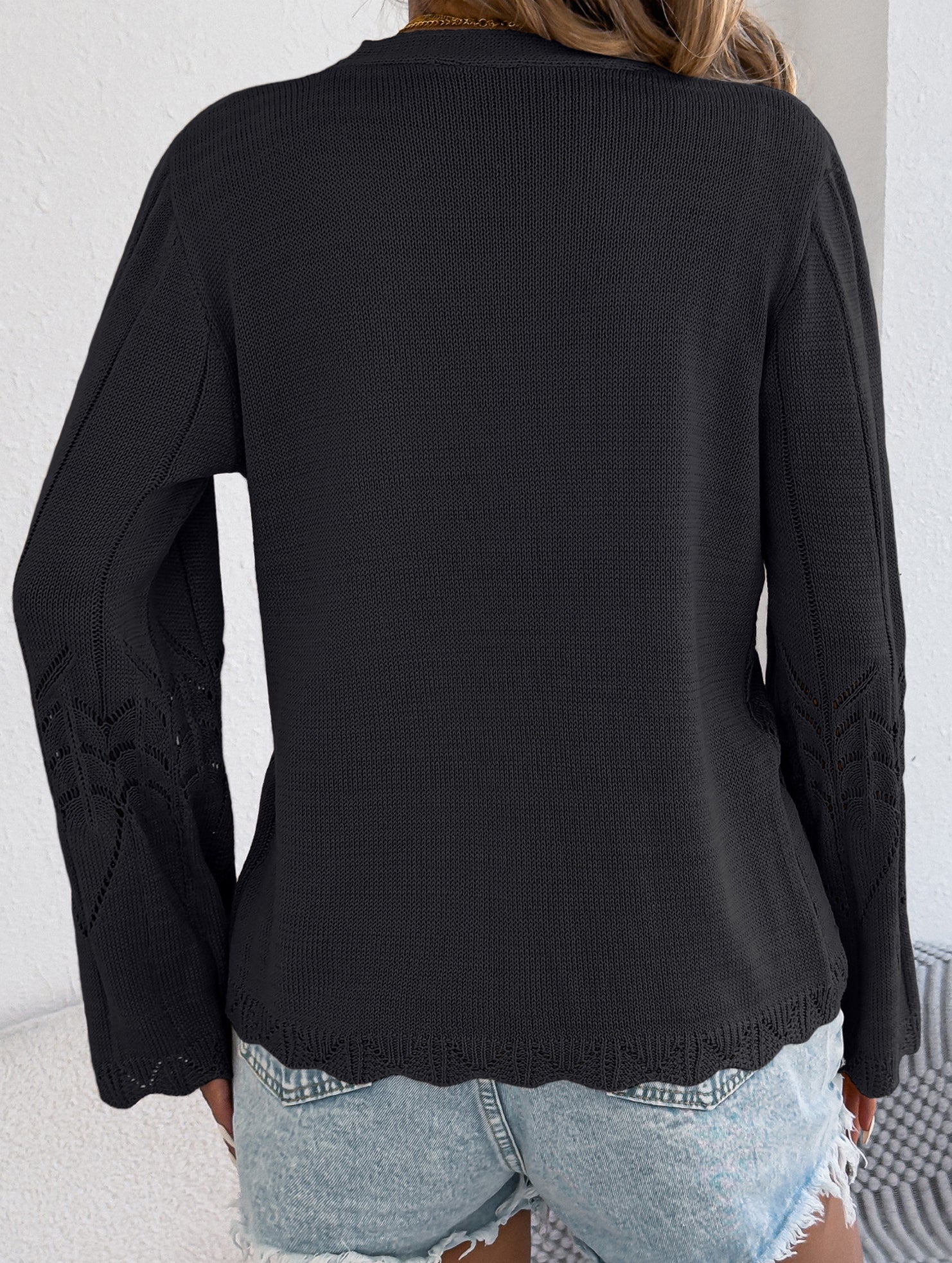 Solid Hollow Tie Flare Sleeve Knit Cardigan_CWOCAL01795