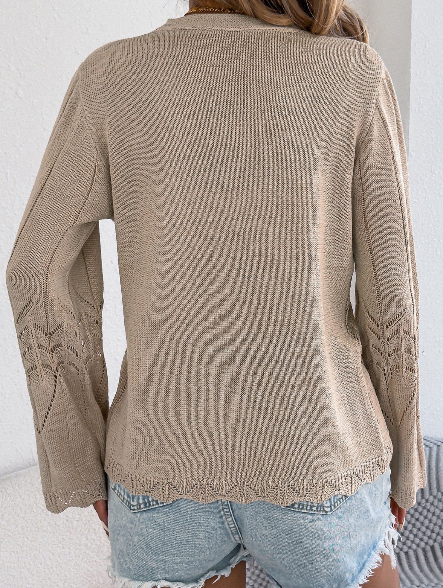 Solid Hollow Tie Flare Sleeve Knit Cardigan_CWOCAL01795