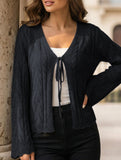 Solid Hollow Tie Flare Sleeve Knit Cardigan_CWOCAL01796