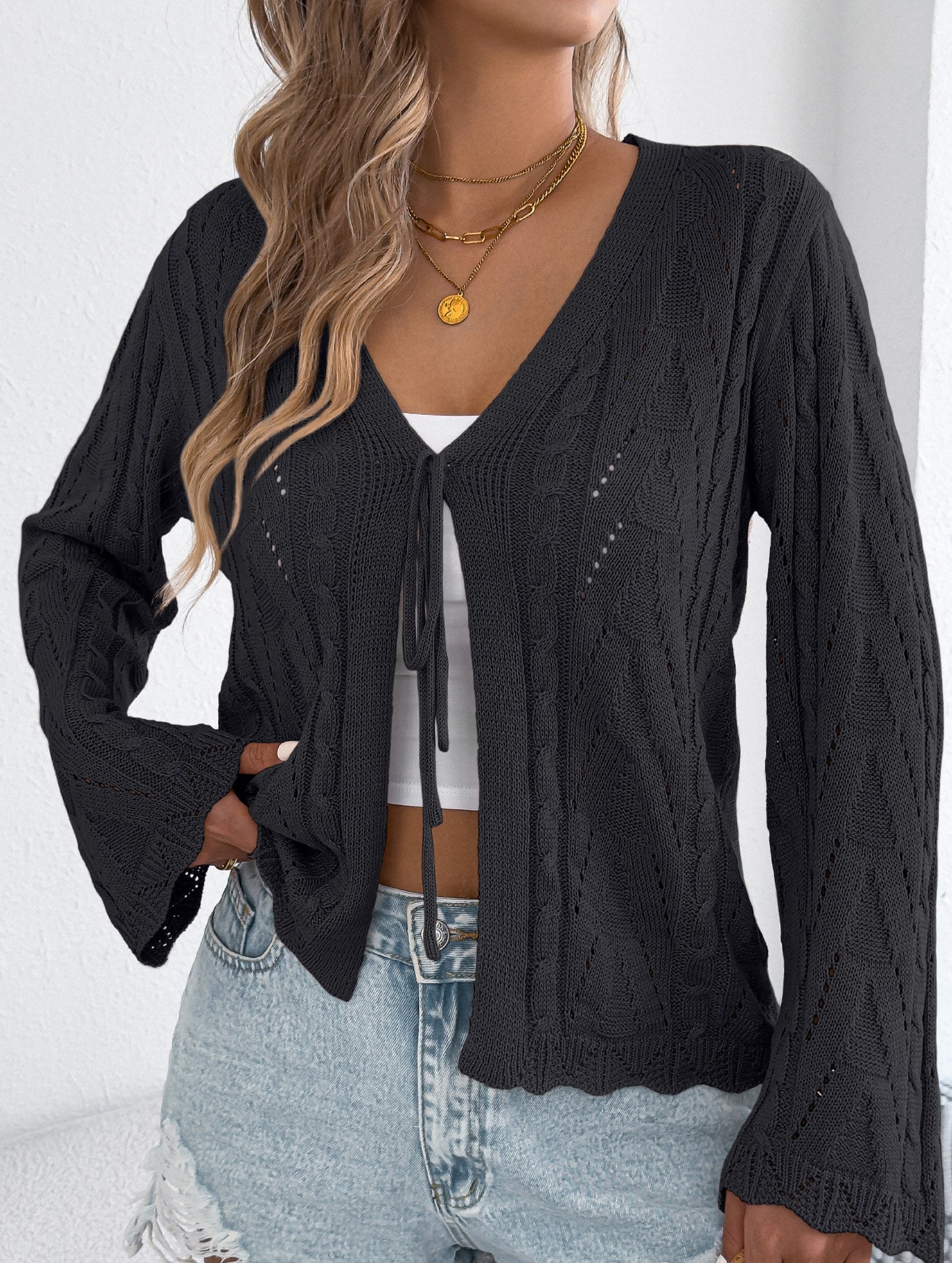Solid Hollow Tie Flare Sleeve Knit Cardigan_CWOCAL01796