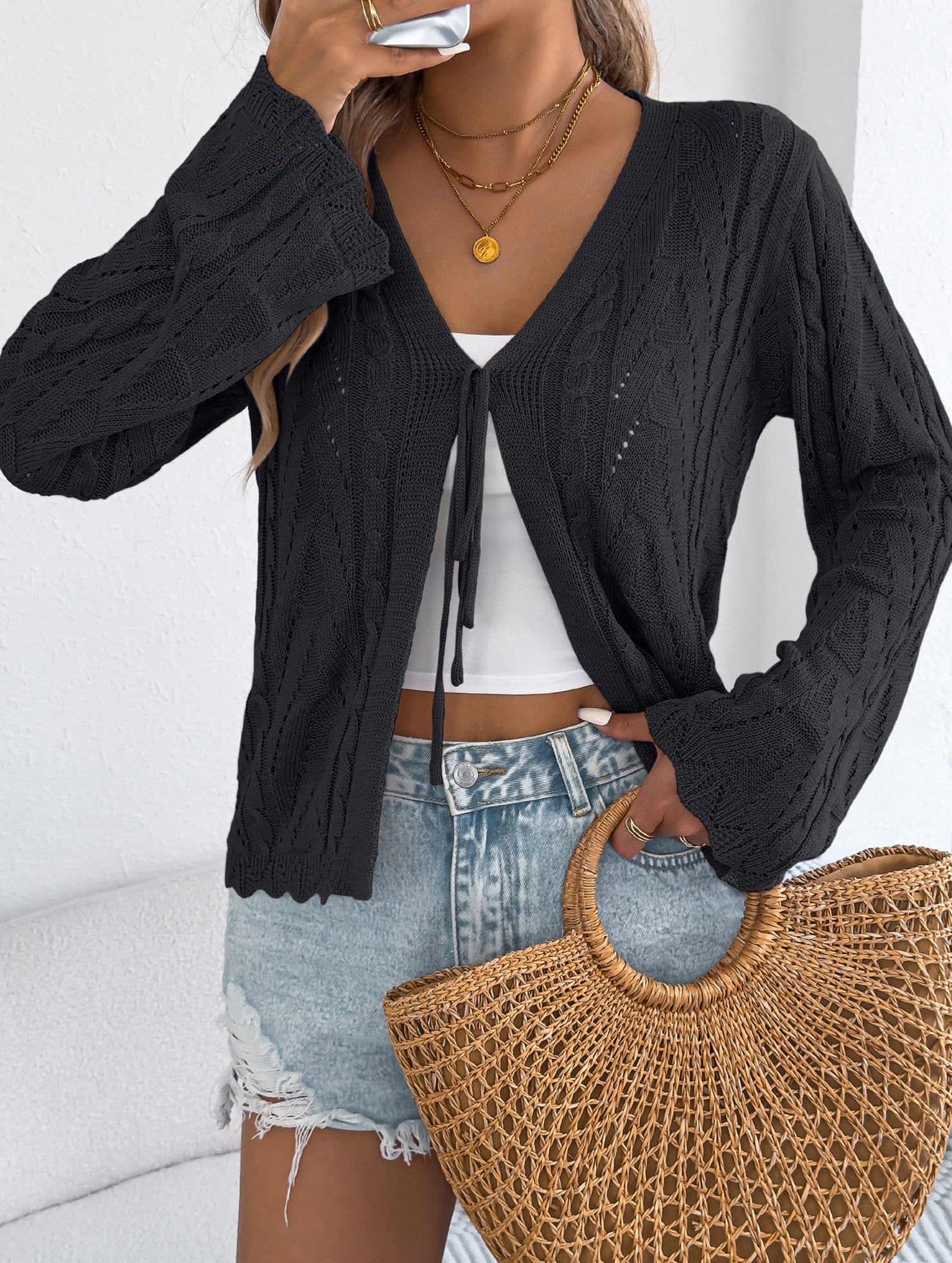 Solid Hollow Tie Flare Sleeve Knit Cardigan_CWOCAL01796