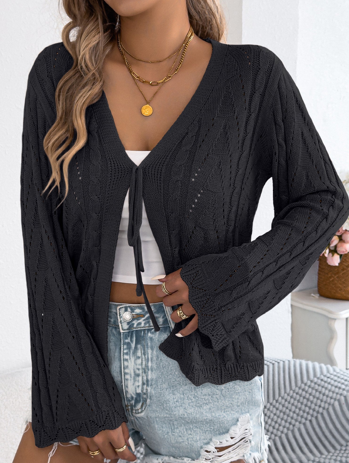 Solid Hollow Tie Flare Sleeve Knit Cardigan_CWOCAL01796