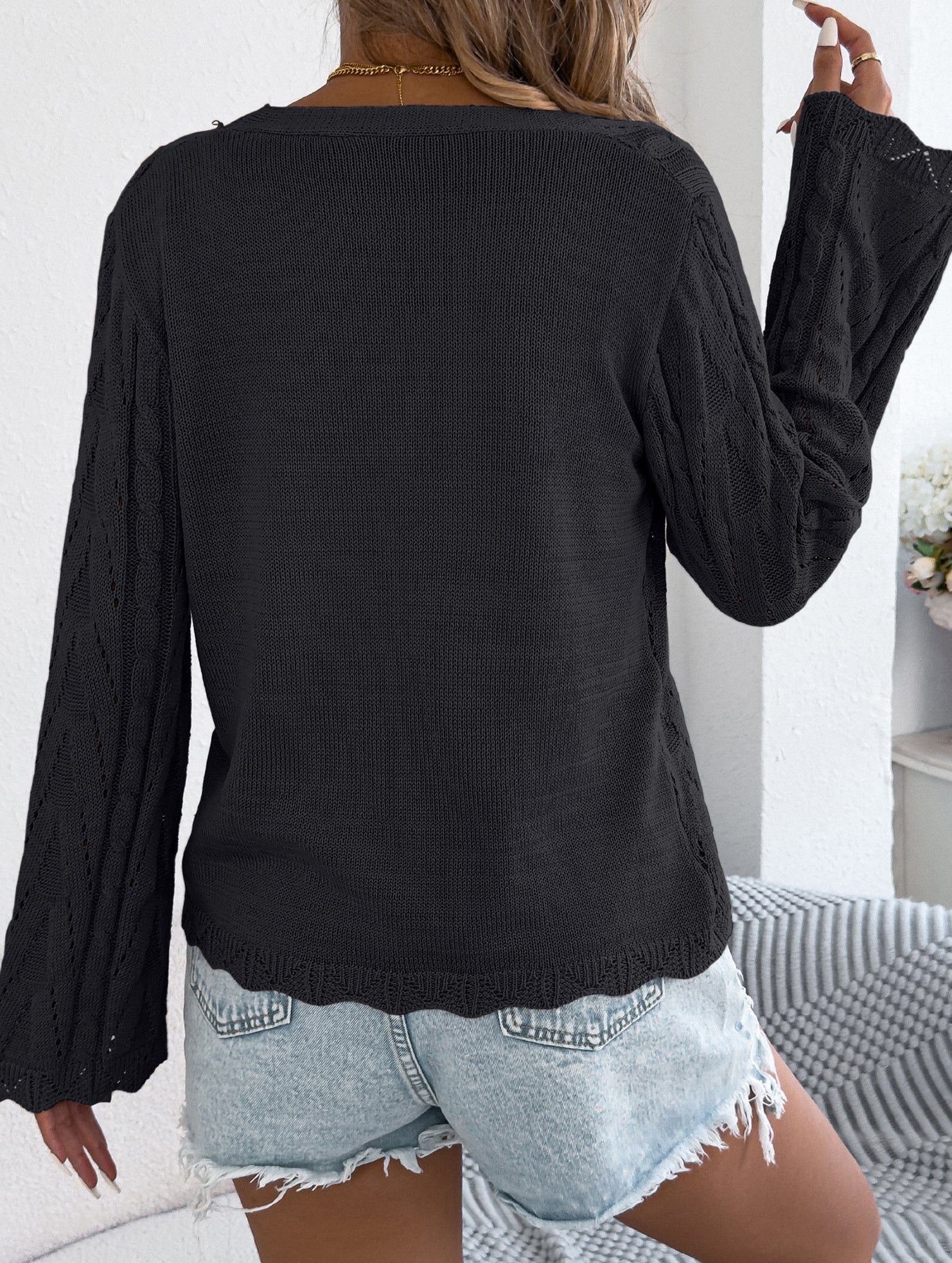Solid Hollow Tie Flare Sleeve Knit Cardigan_CWOCAL01796