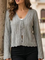 Solid Hollow Tie Flare Sleeve Knit Cardigan_CWOCAL01796