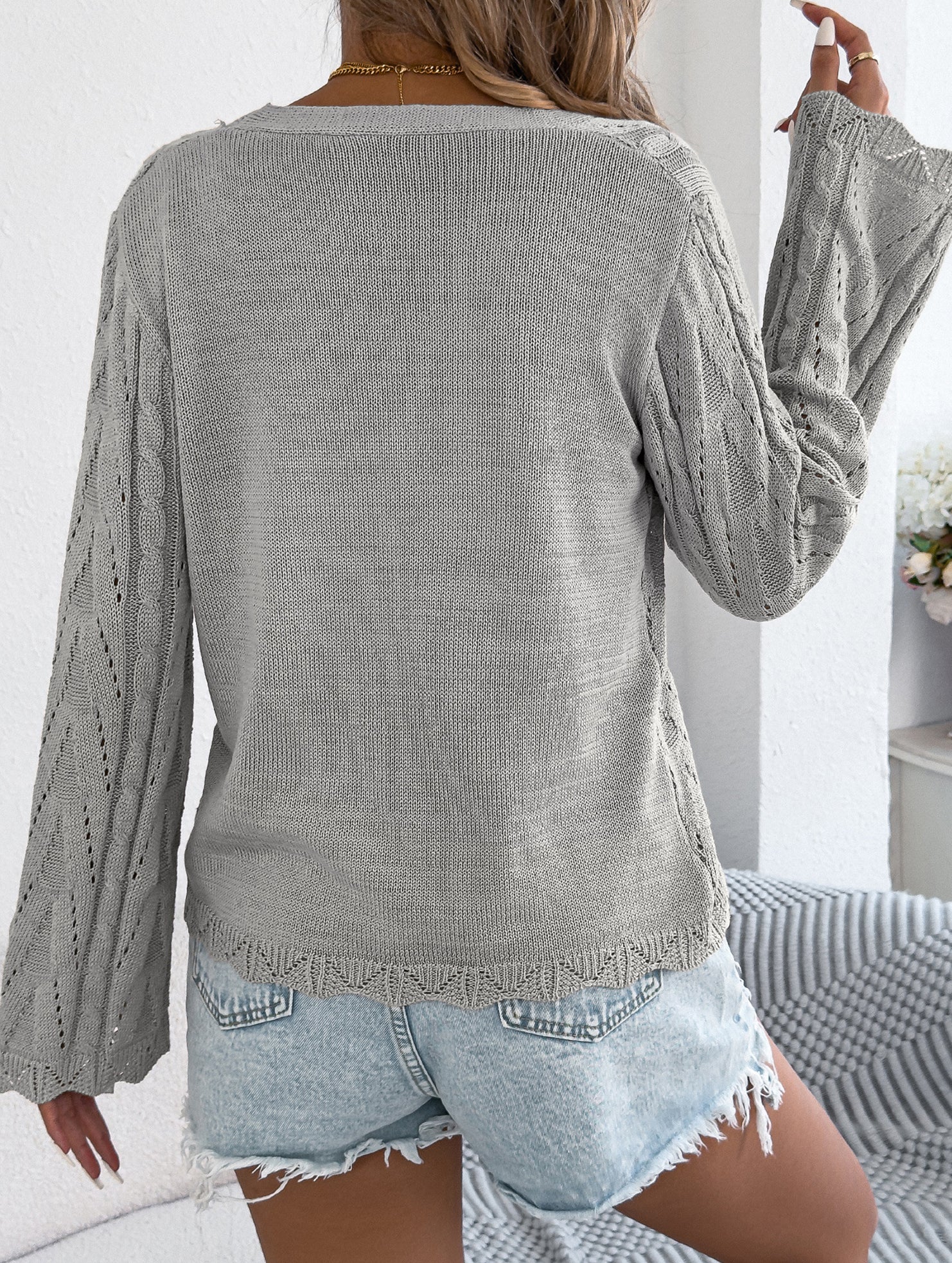 Solid Hollow Tie Flare Sleeve Knit Cardigan_CWOCAL01796