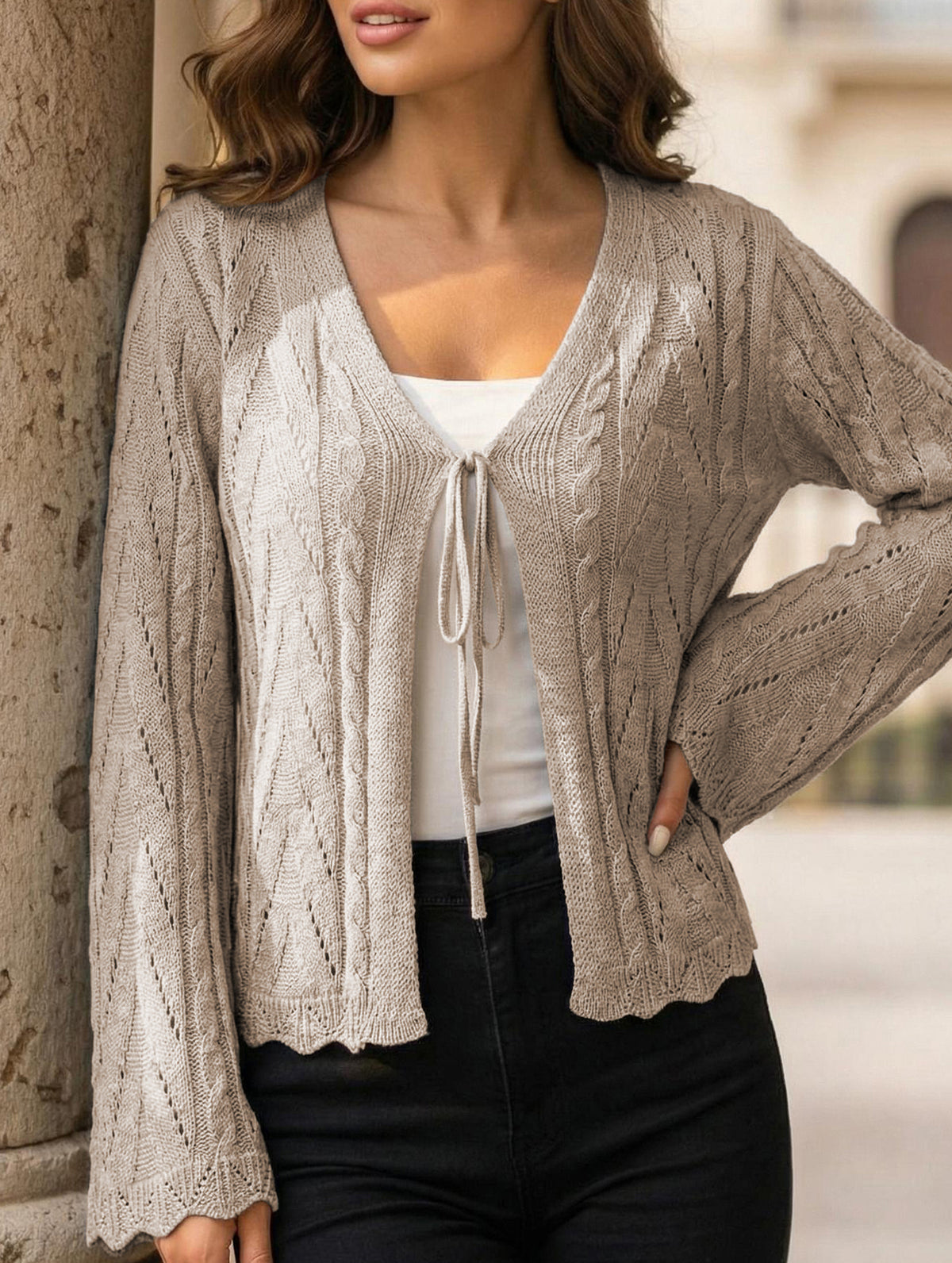 Solid Hollow Tie Flare Sleeve Knit Cardigan_CWOCAL01796