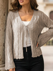 Solid Hollow Tie Flare Sleeve Knit Cardigan_CWOCAL01796