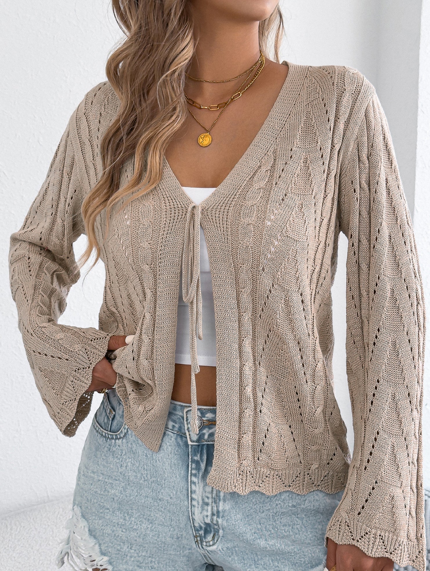 Solid Hollow Tie Flare Sleeve Knit Cardigan_CWOCAL01796