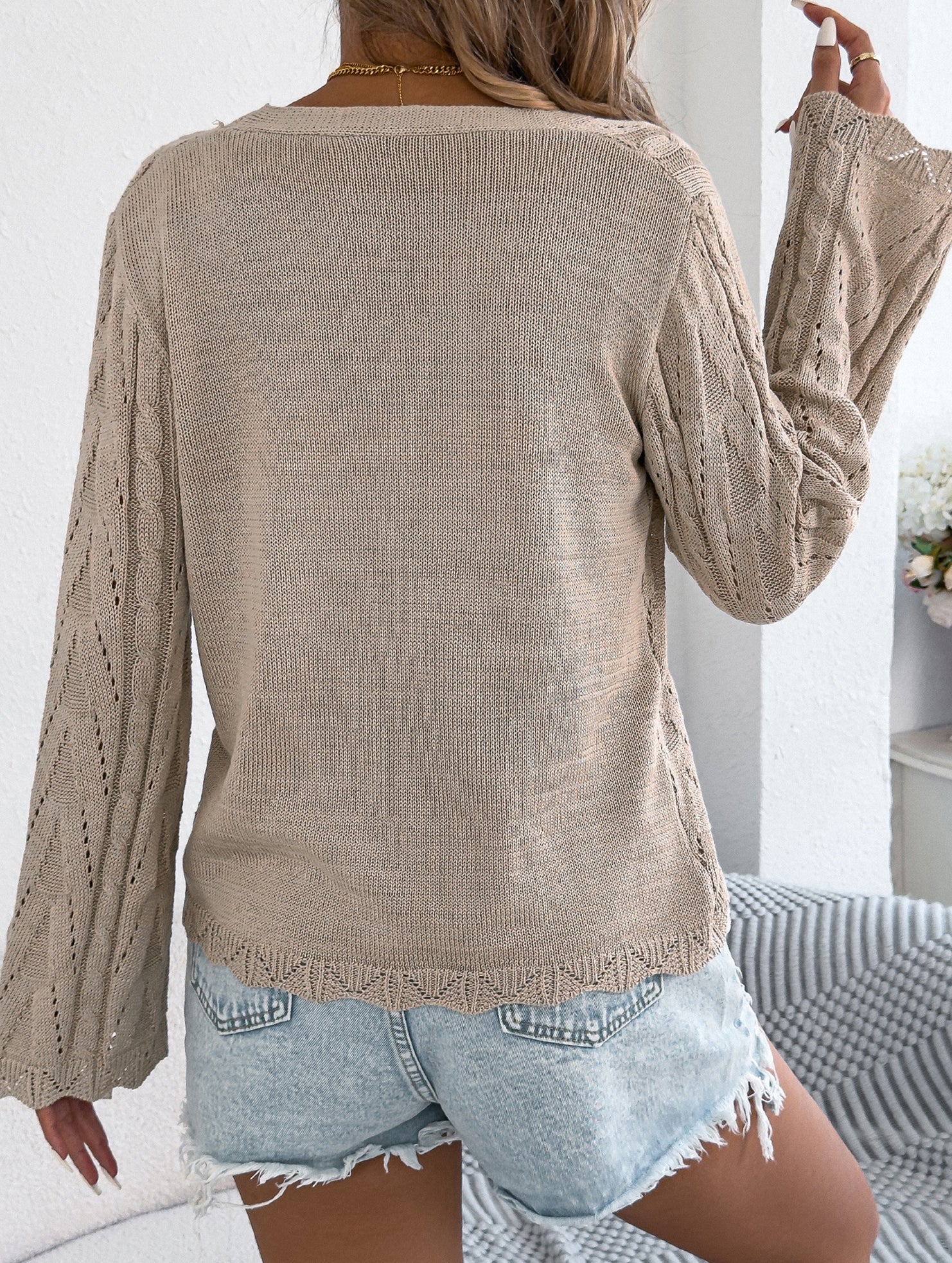 Solid Hollow Tie Flare Sleeve Knit Cardigan_CWOCAL01796