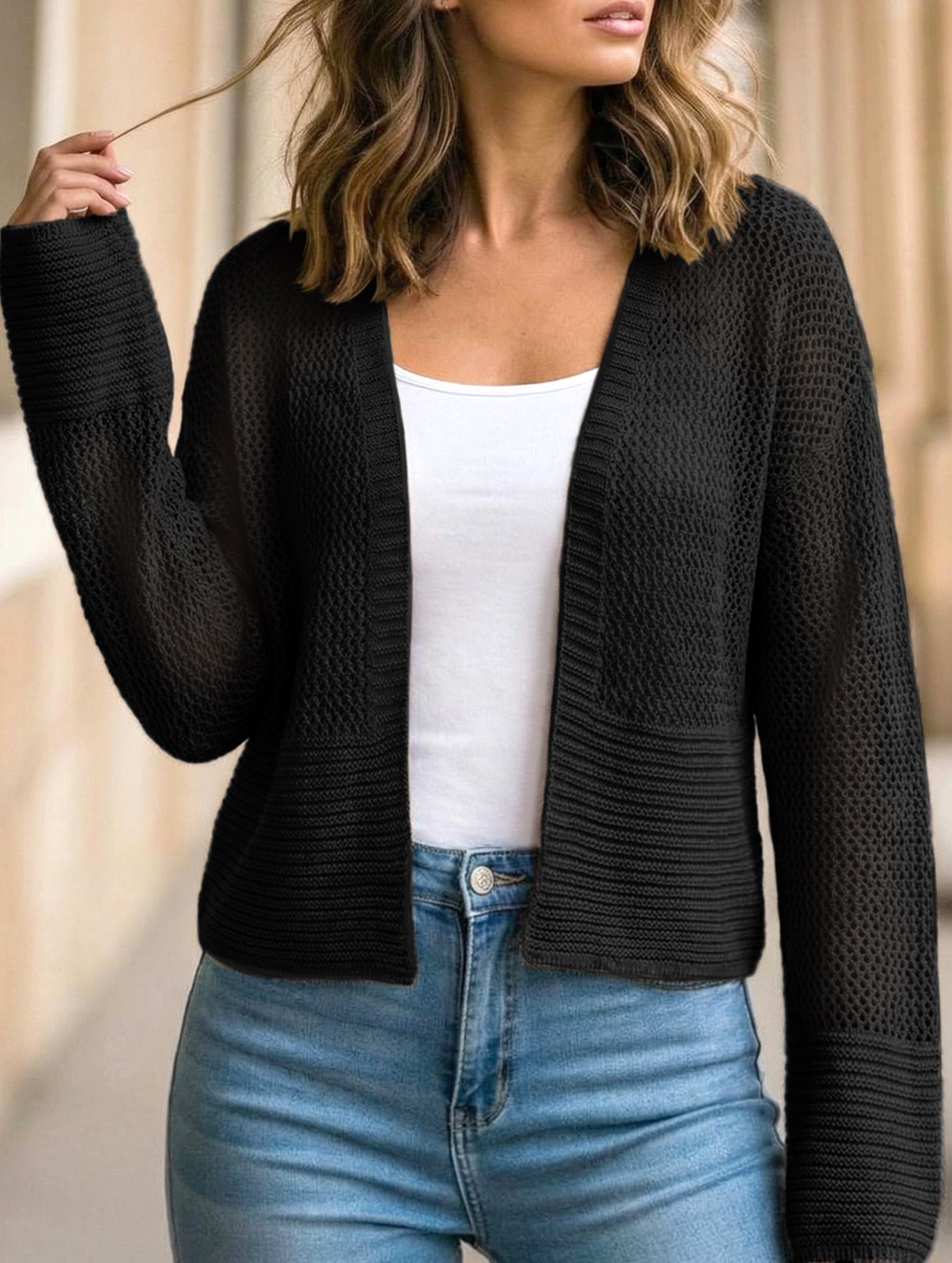 Hollow Knit Long Sleeve Cardigan Top_CWOCAL01801