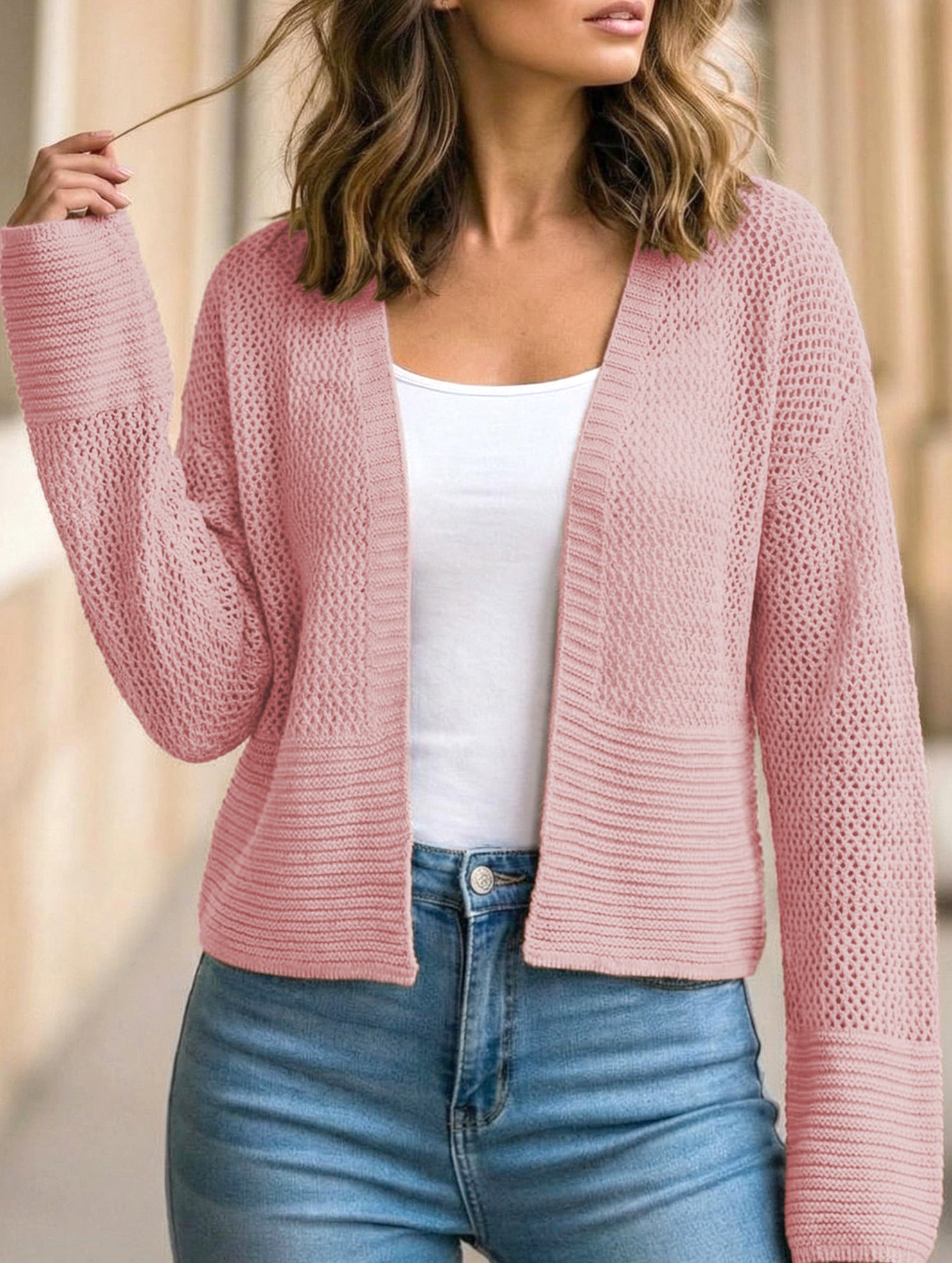 Hollow Knit Long Sleeve Cardigan Top_CWOCAL01801