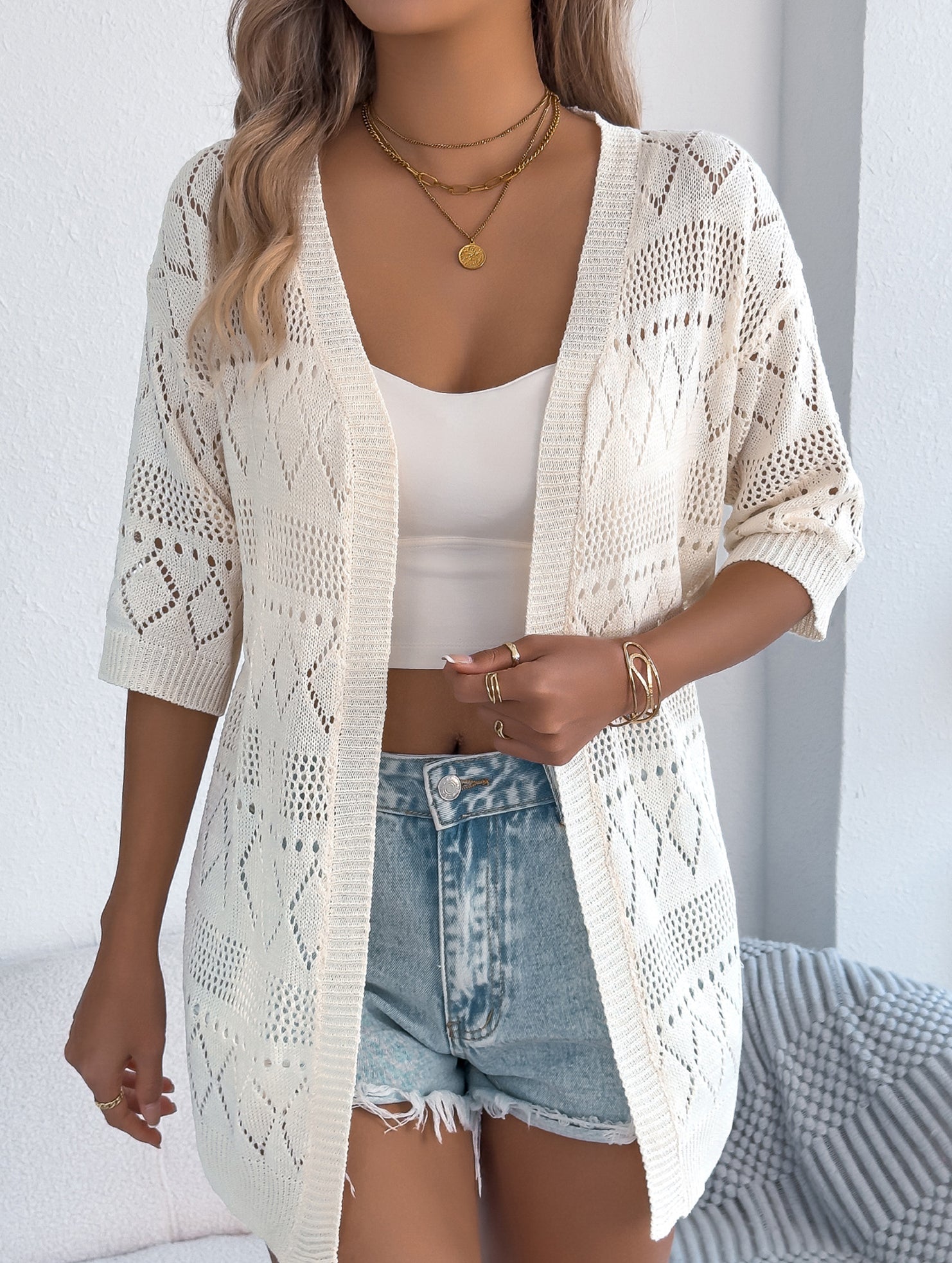 Solid Hollow Mid Sleeve Knit Cardigan_CWOCAS00016