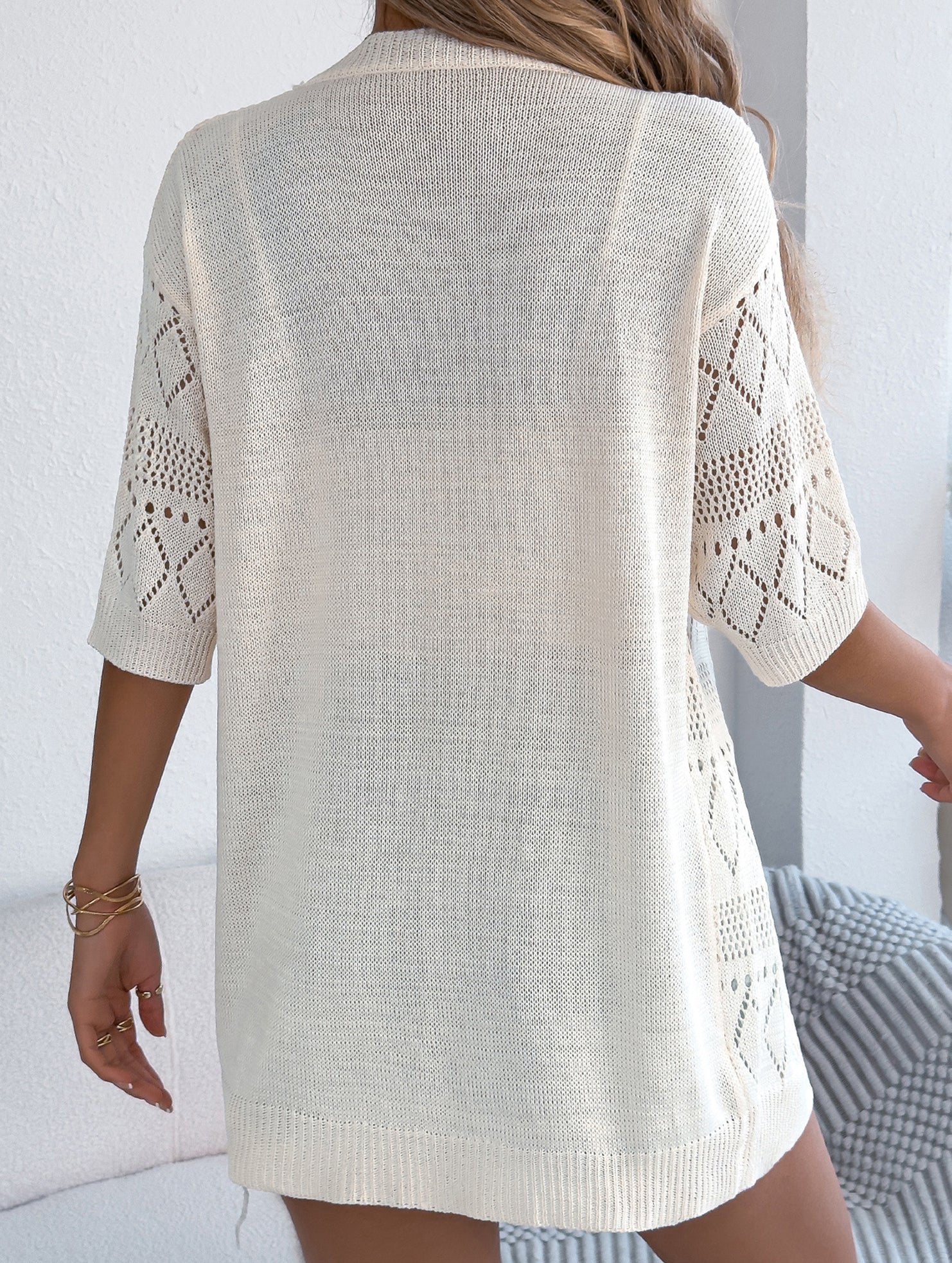 Solid Hollow Mid Sleeve Knit Cardigan_CWOCAS00016